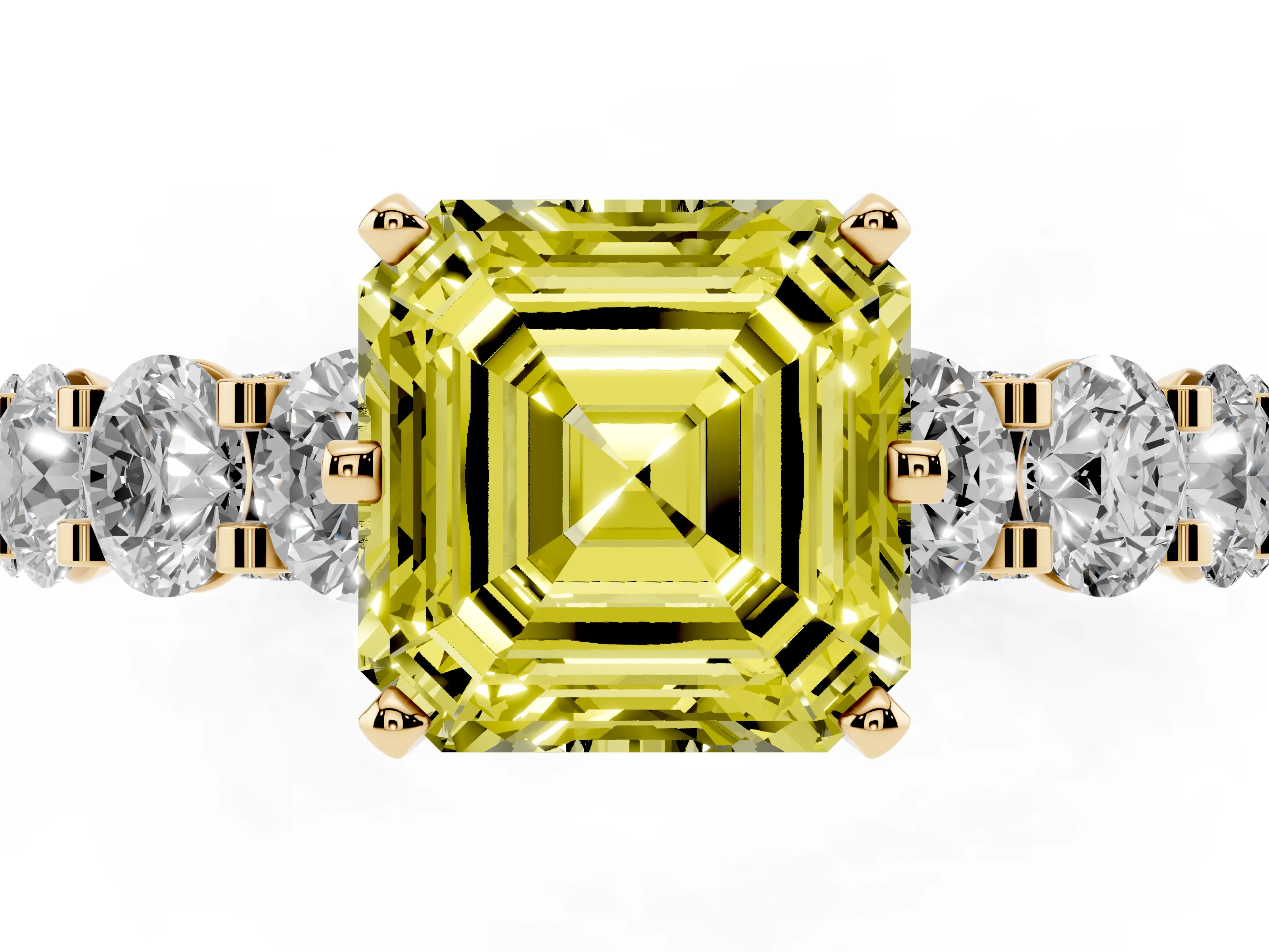 Fancy Yellow Asscher Cut Diamond Side Stone Ring Set in Yellow gold with Alternating Round and Oval Side Stones