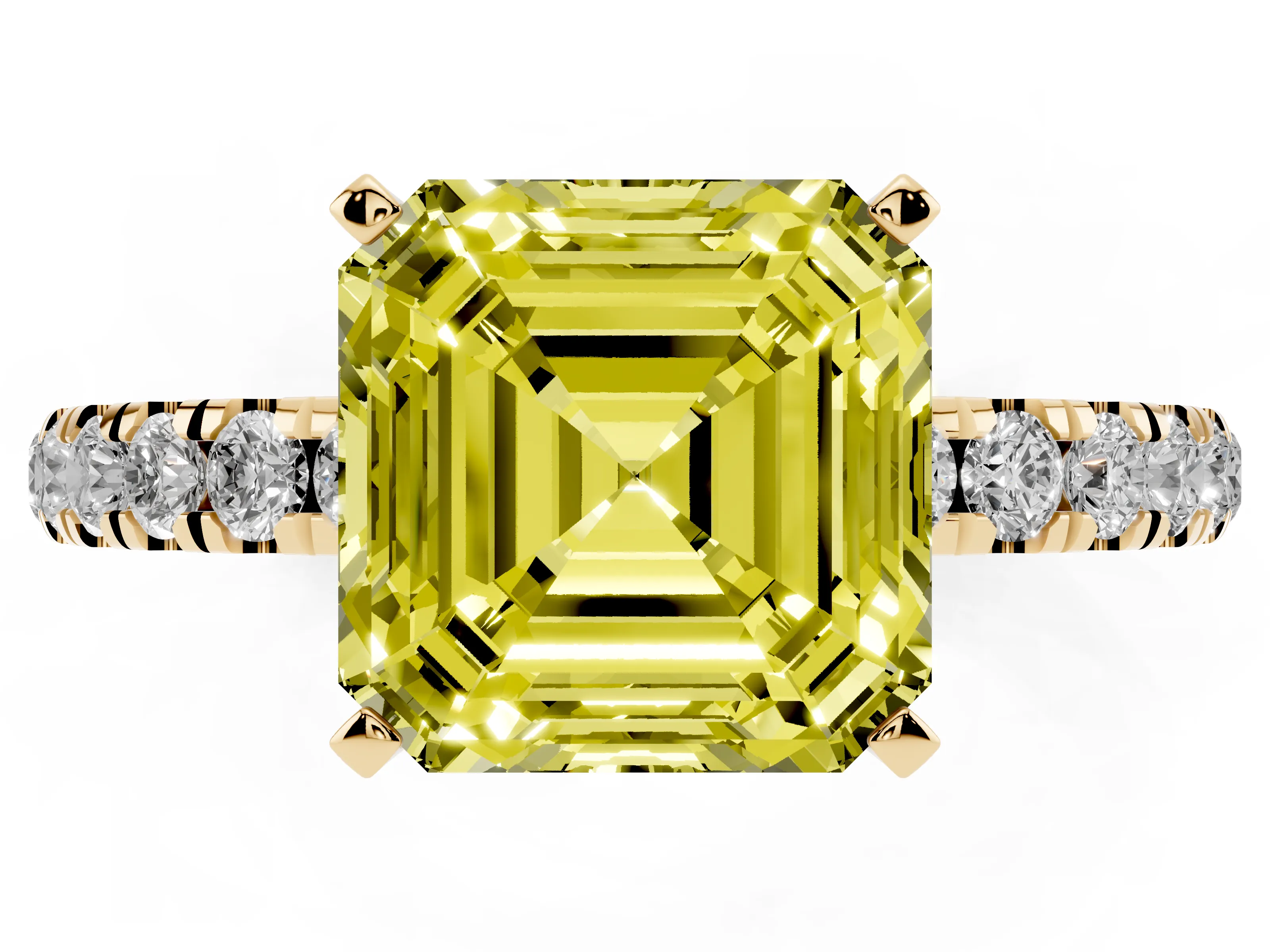 Fancy Yellow Asscher Cut Diamond Solitaire Ring Set in Yellow gold with Pavé Accents and Prong Setting