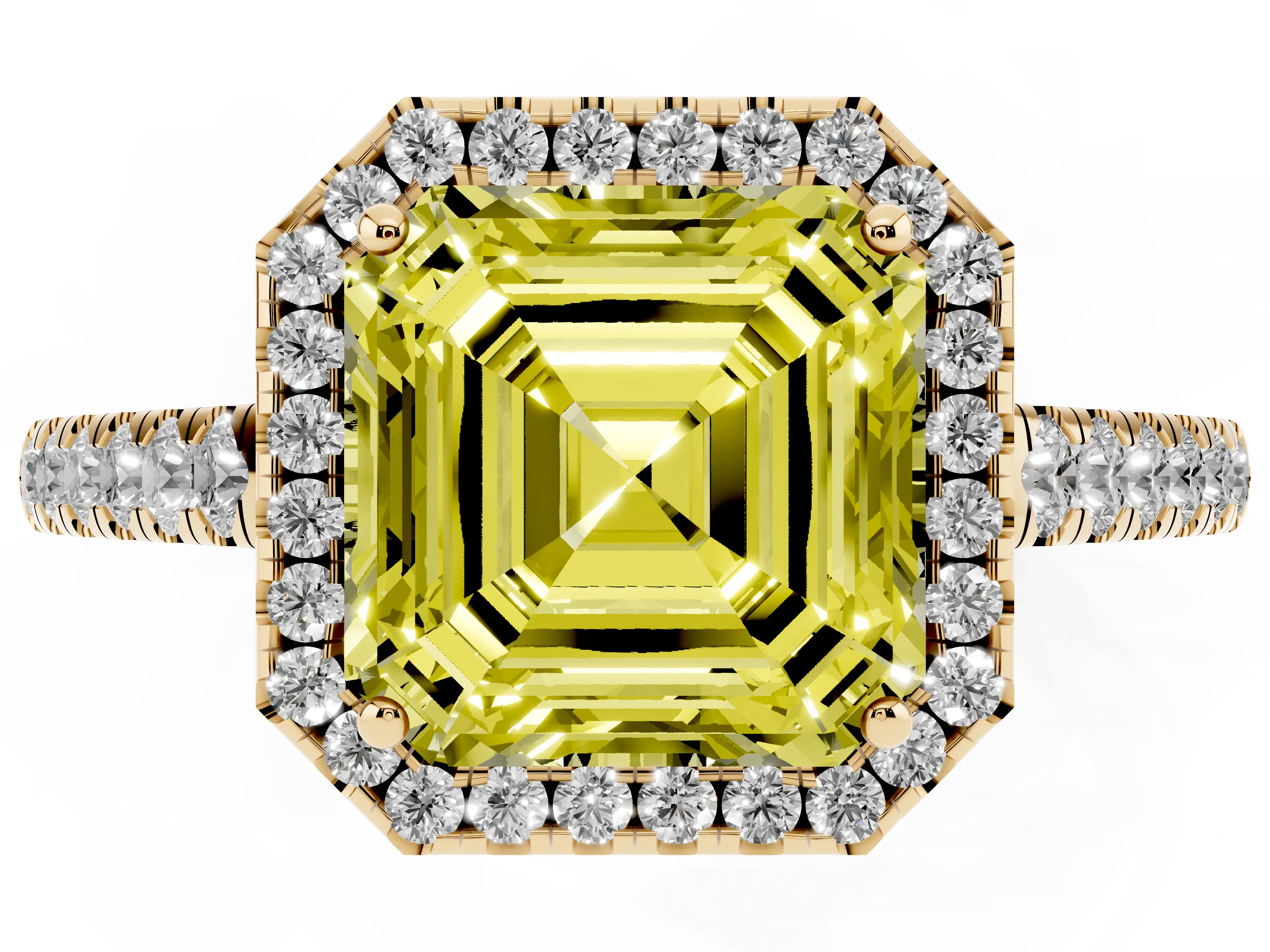 Fancy Yellow Asscher Cut Diamond Halo Pavé Engagement Ring Set in Yellow gold with Prong Setting
