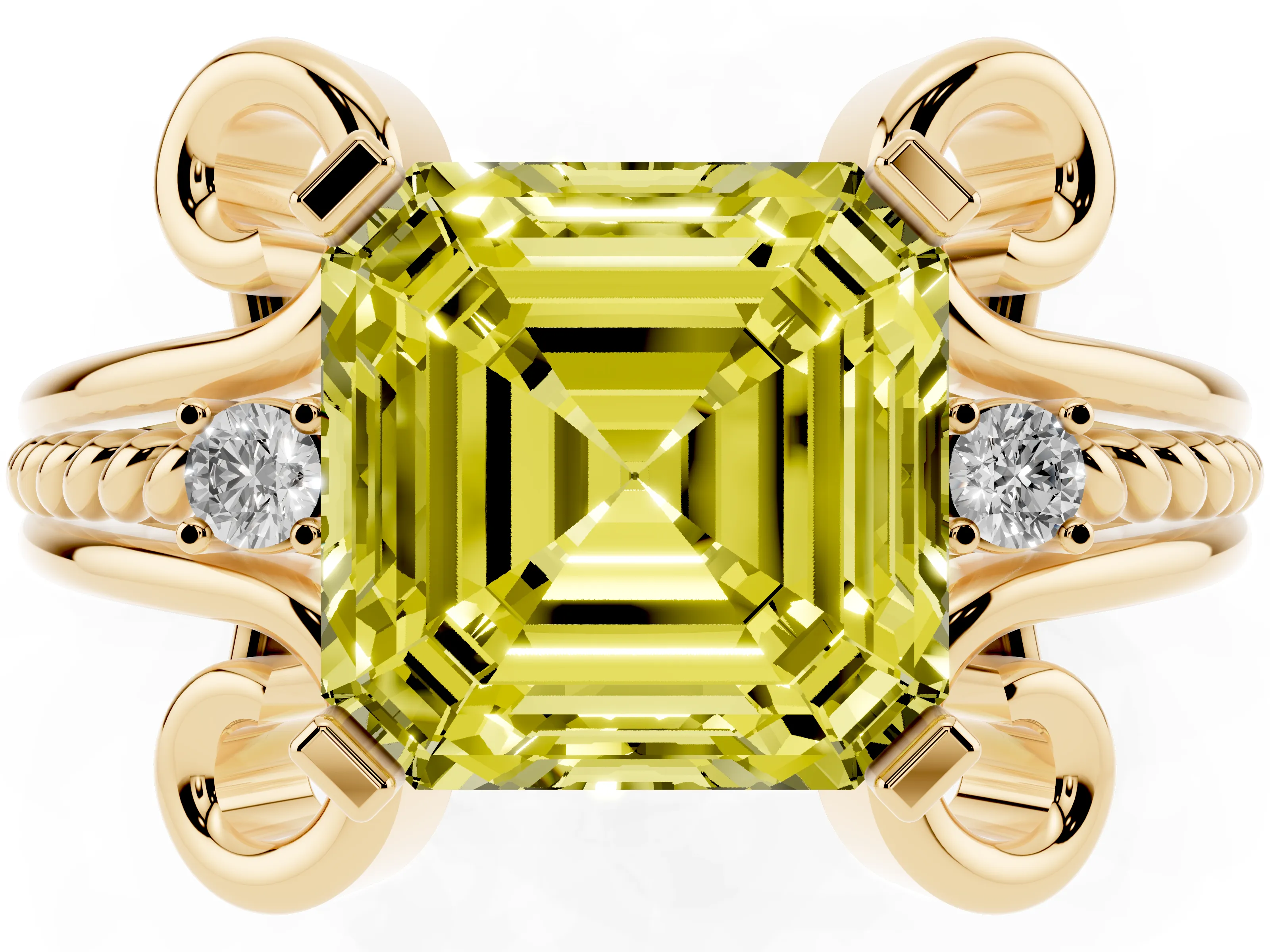 Fancy Yellow Asscher Cut Diamond Twisted Band Solitaire Ring Set in Yellow gold with Scroll Prongs