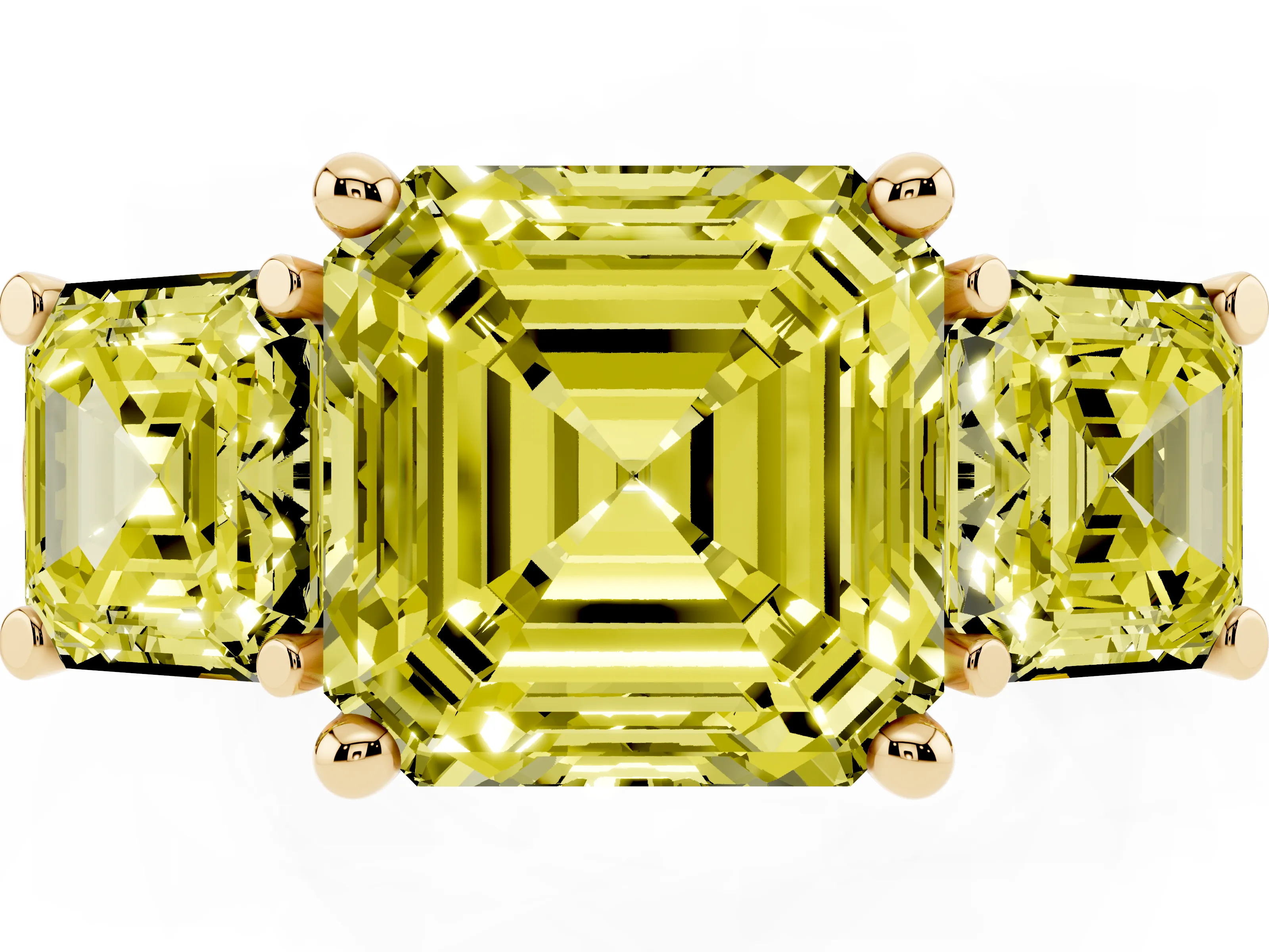 Fancy Yellow Asscher Cut Diamond Three-Stone Trellis Ring Set in Yellow gold with Comfort Fit Band