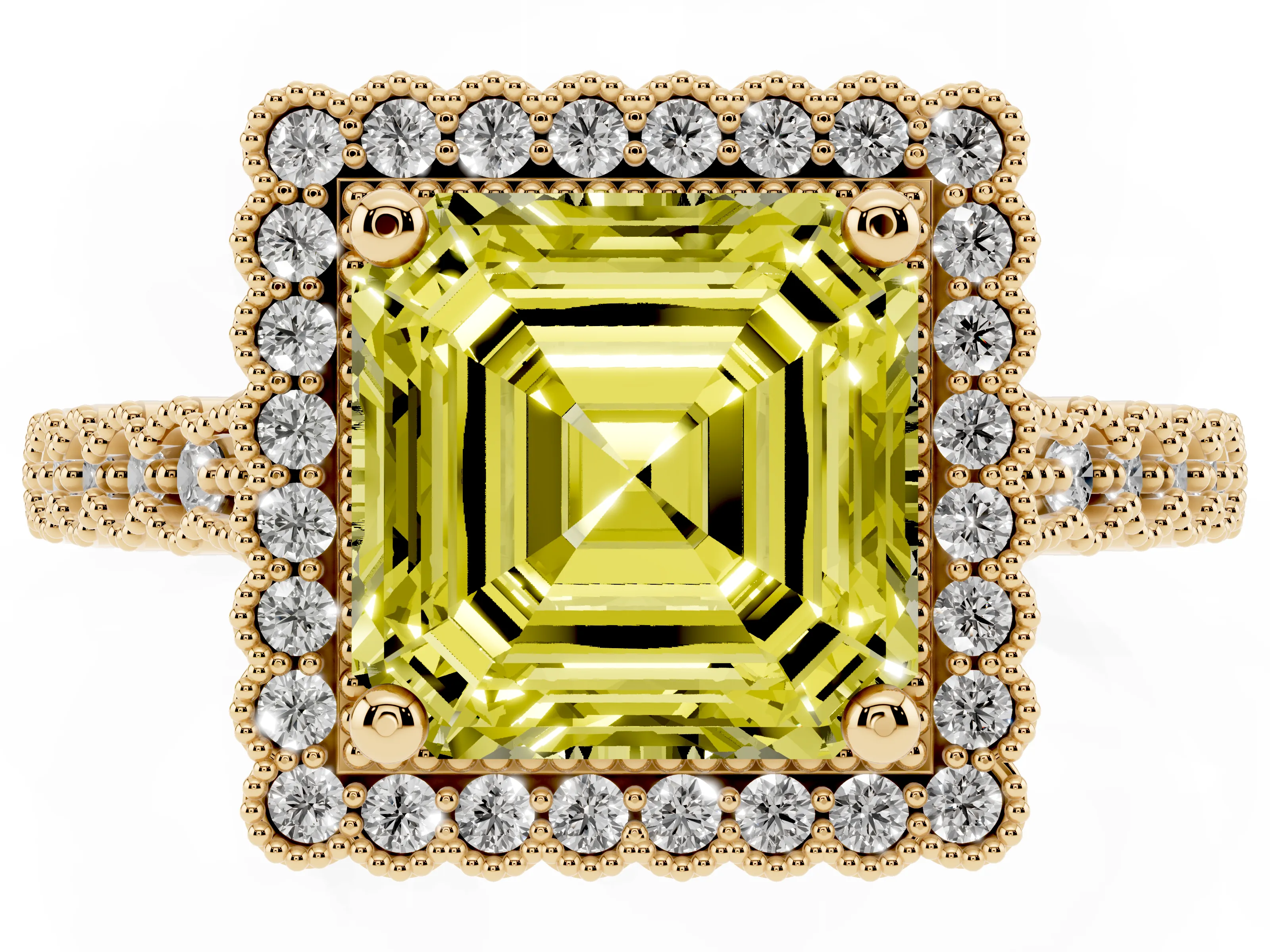 Fancy Yellow Asscher Cut Diamond Halo Ring Set in Yellow gold with Pavé Milgrain Band