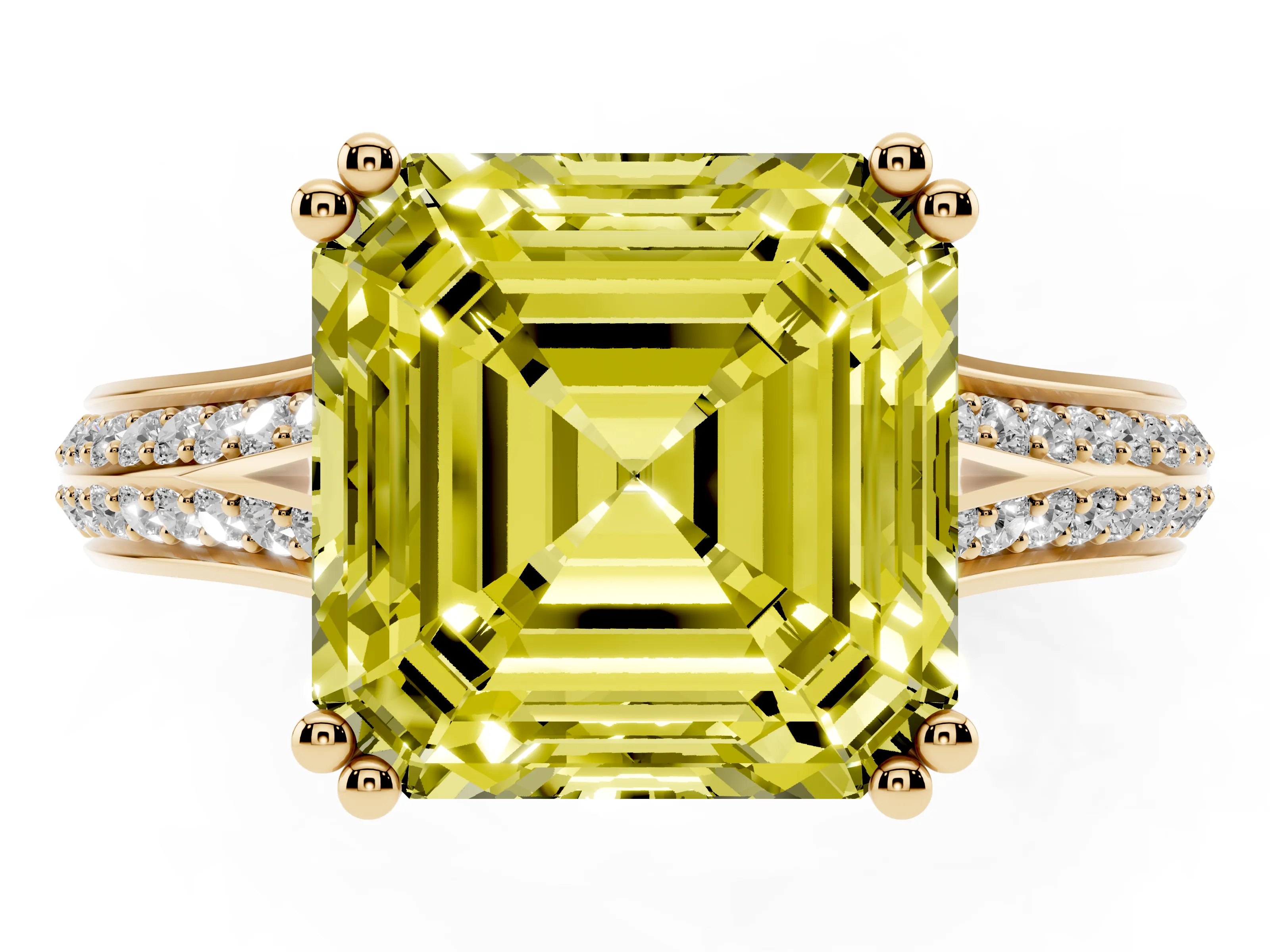Fancy Yellow Asscher Cut Diamond Split Shank Pavé Engagement Ring Set in Yellow gold with Prong-Set Center Stone