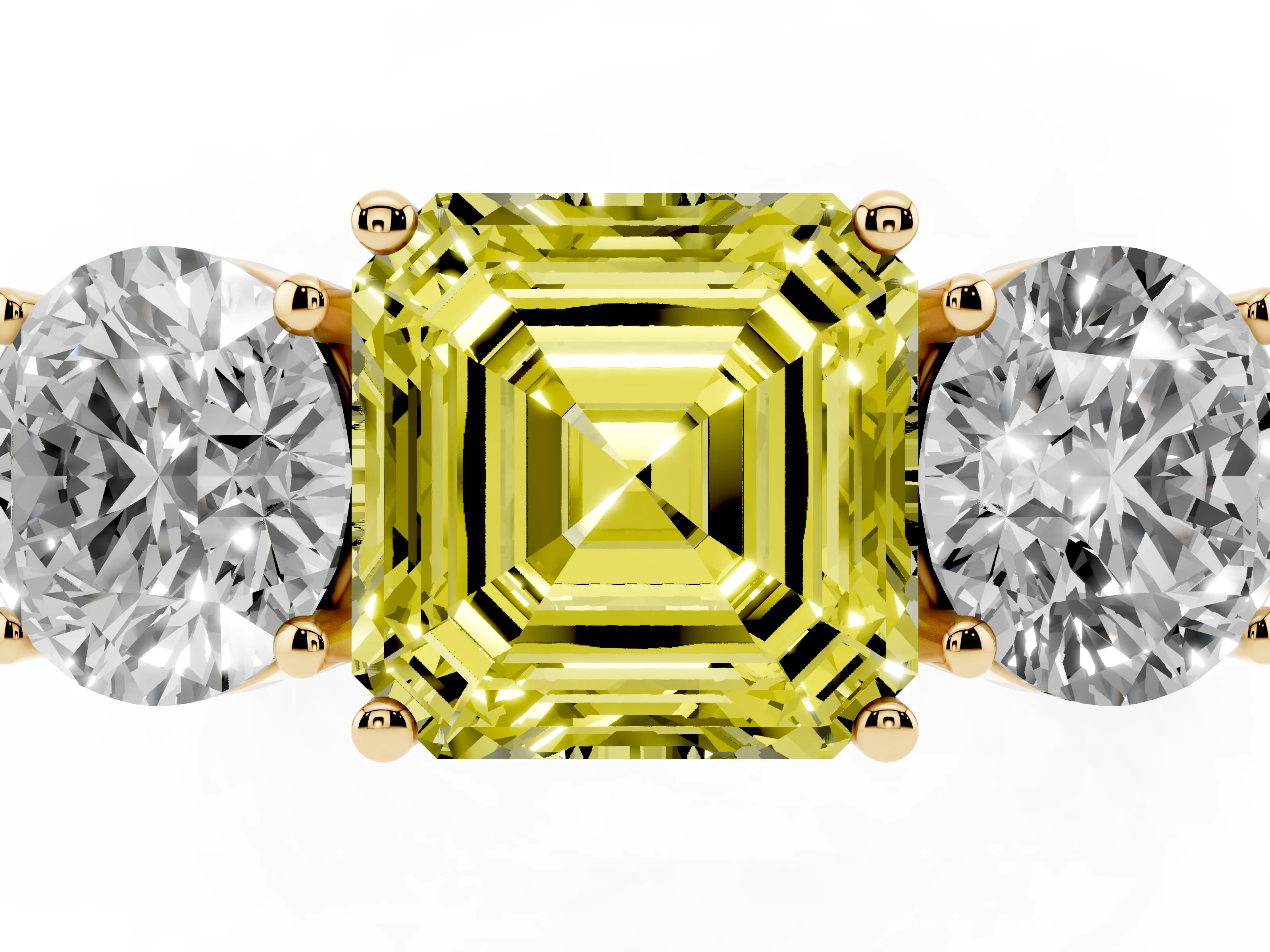 Fancy Yellow Asscher Cut Diamond Three-Stone Ring Set in Yellow gold with Channel-Set Accent Band