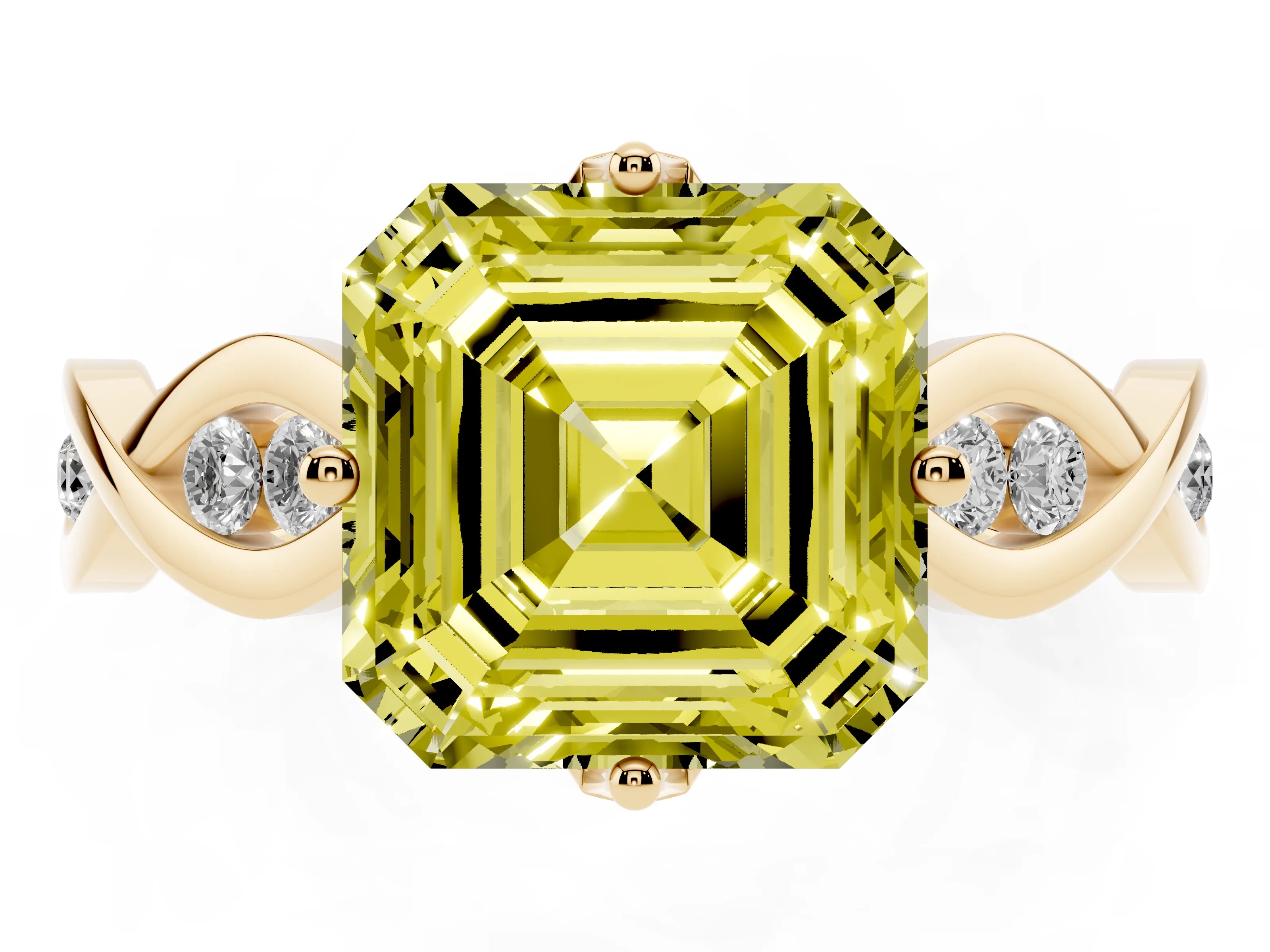 Fancy Yellow Asscher Cut Diamond Twist Band Solitaire Ring Set in Yellow gold with Leaf Prong Setting and Accent Stones