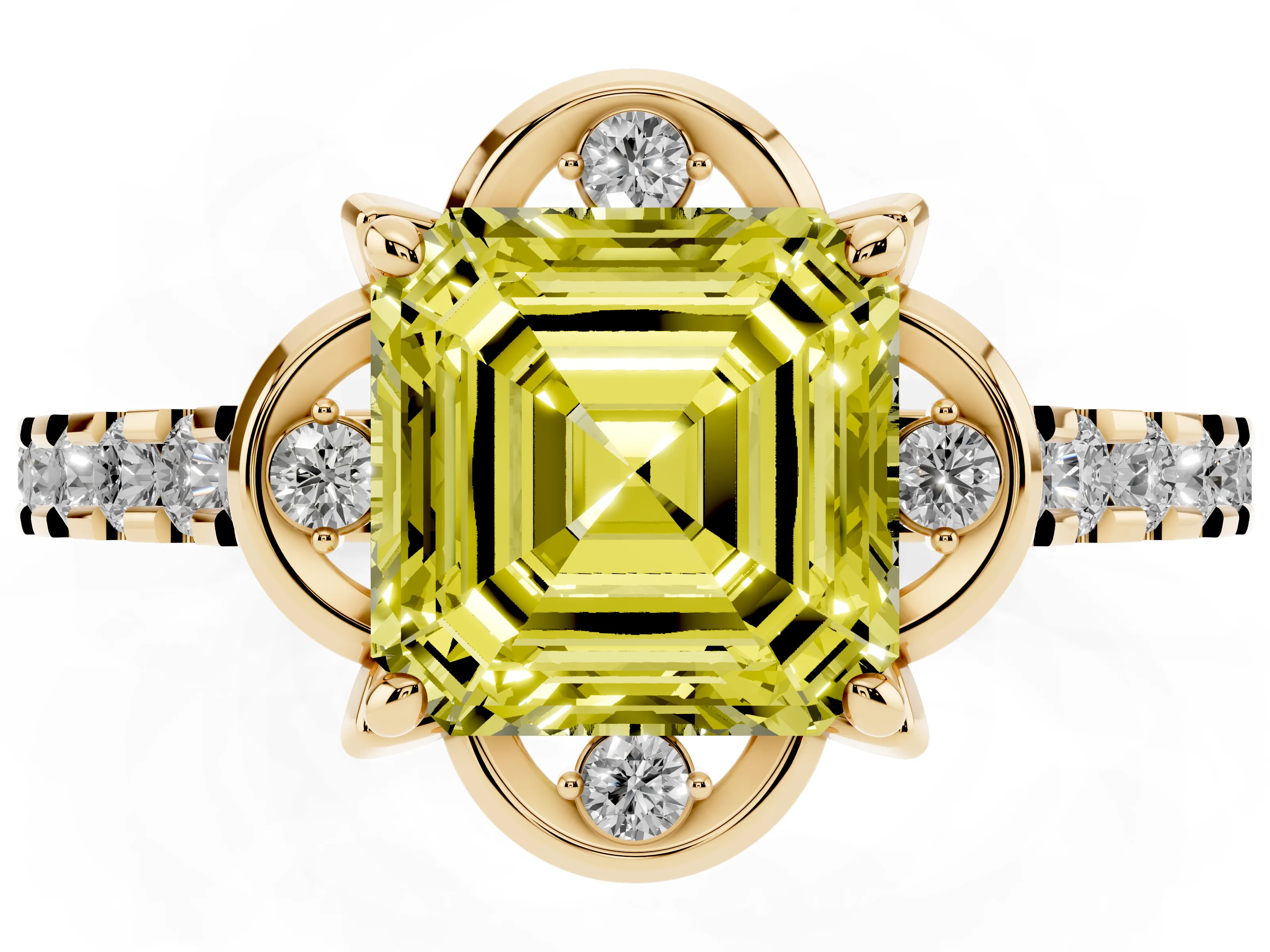 Fancy Yellow Asscher Cut Diamond Solitaire Ring Set in Yellow gold with Pavé Band and Floral Prong Setting