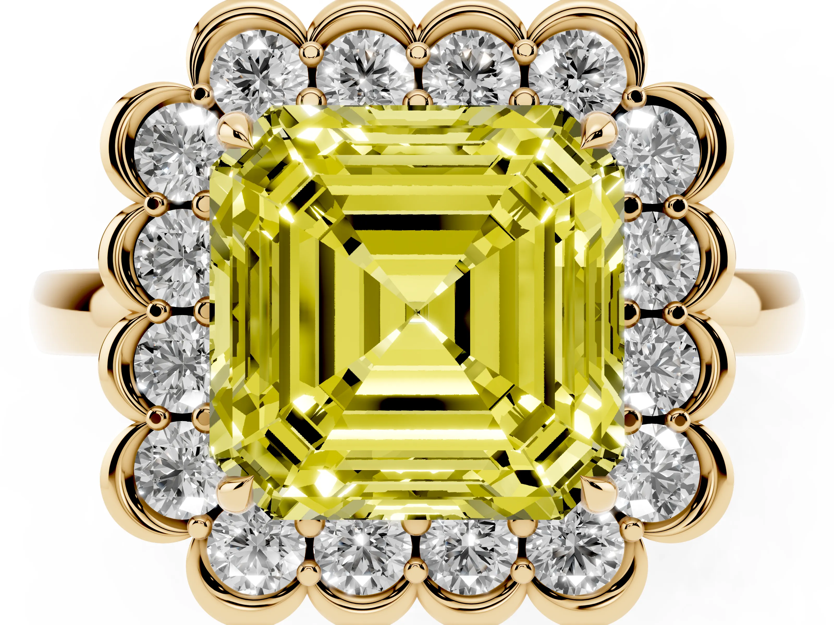 Fancy Yellow Asscher Cut Diamond Halo Cluster Engagement Ring Set in Yellow gold with Solitaire Band and Prong Setting