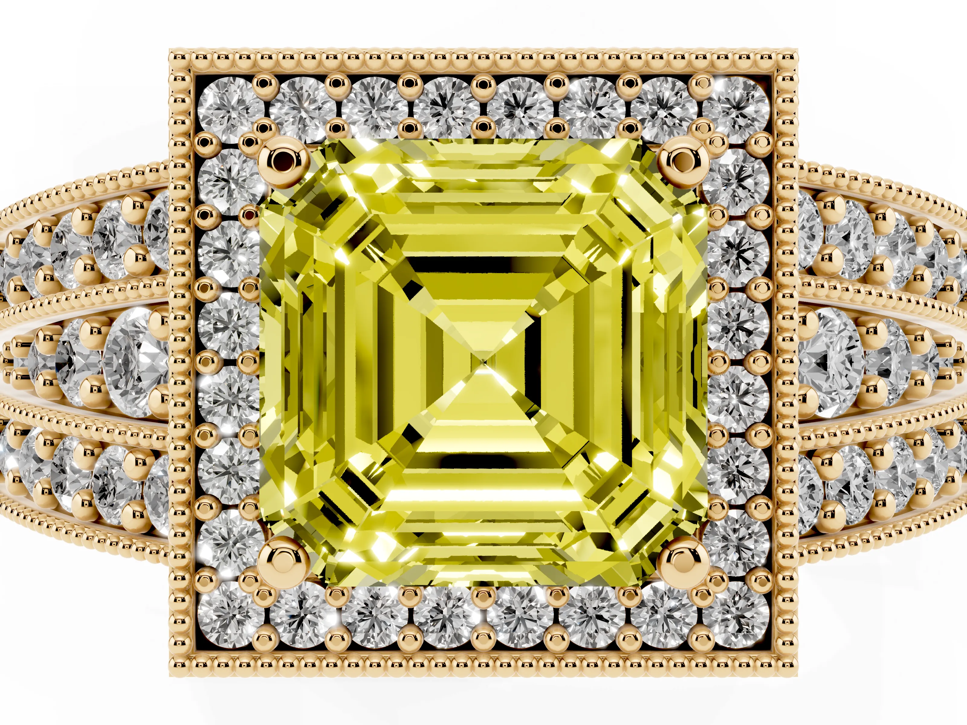 Fancy Yellow Asscher Cut Diamond Halo Ring Set in Yellow gold with Accent Split Shank and Prong Setting