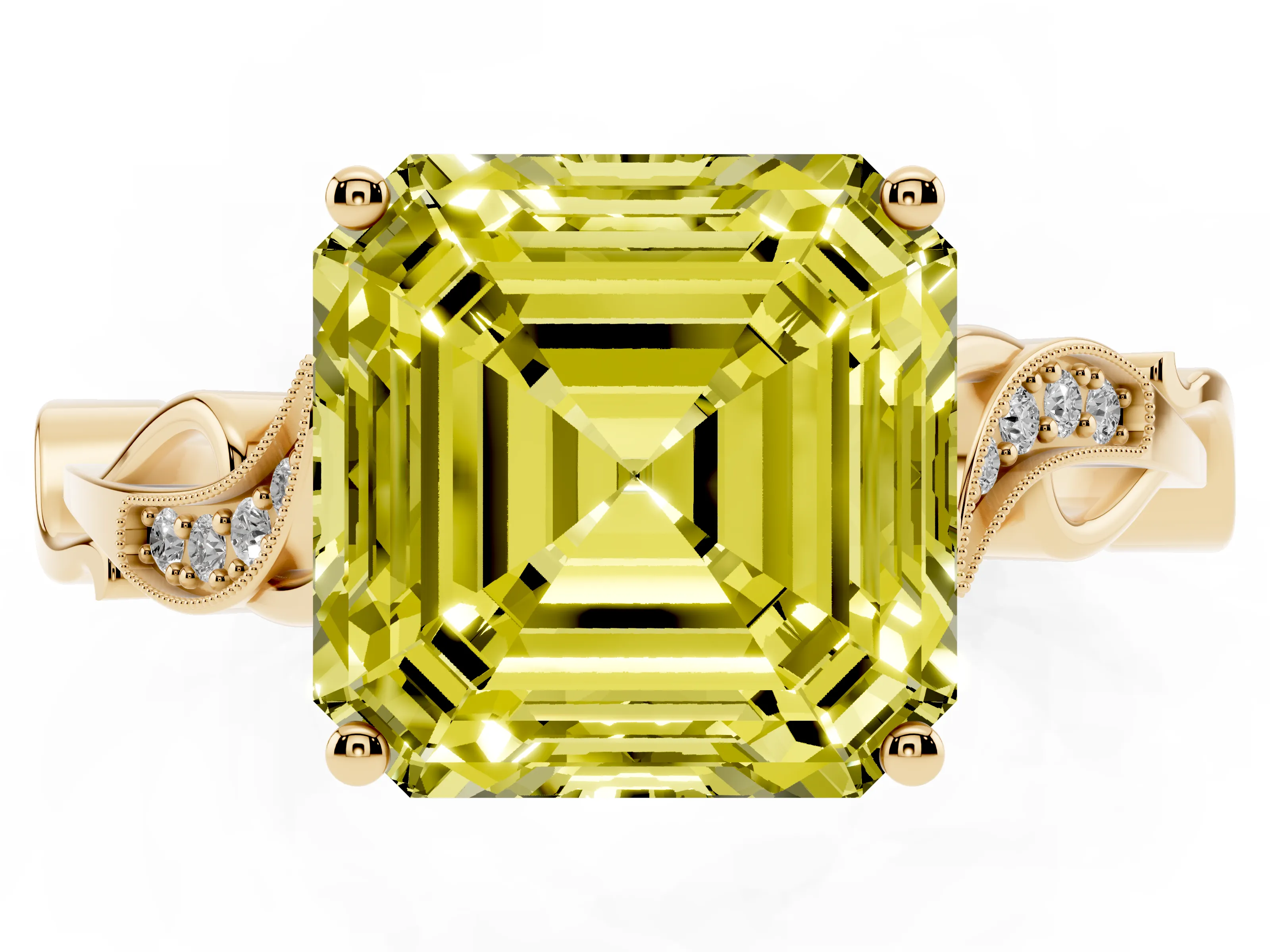 Fancy Yellow Asscher Cut Diamond Vine Band Solitaire Ring Set in Yellow gold with Milgrain Prong Setting