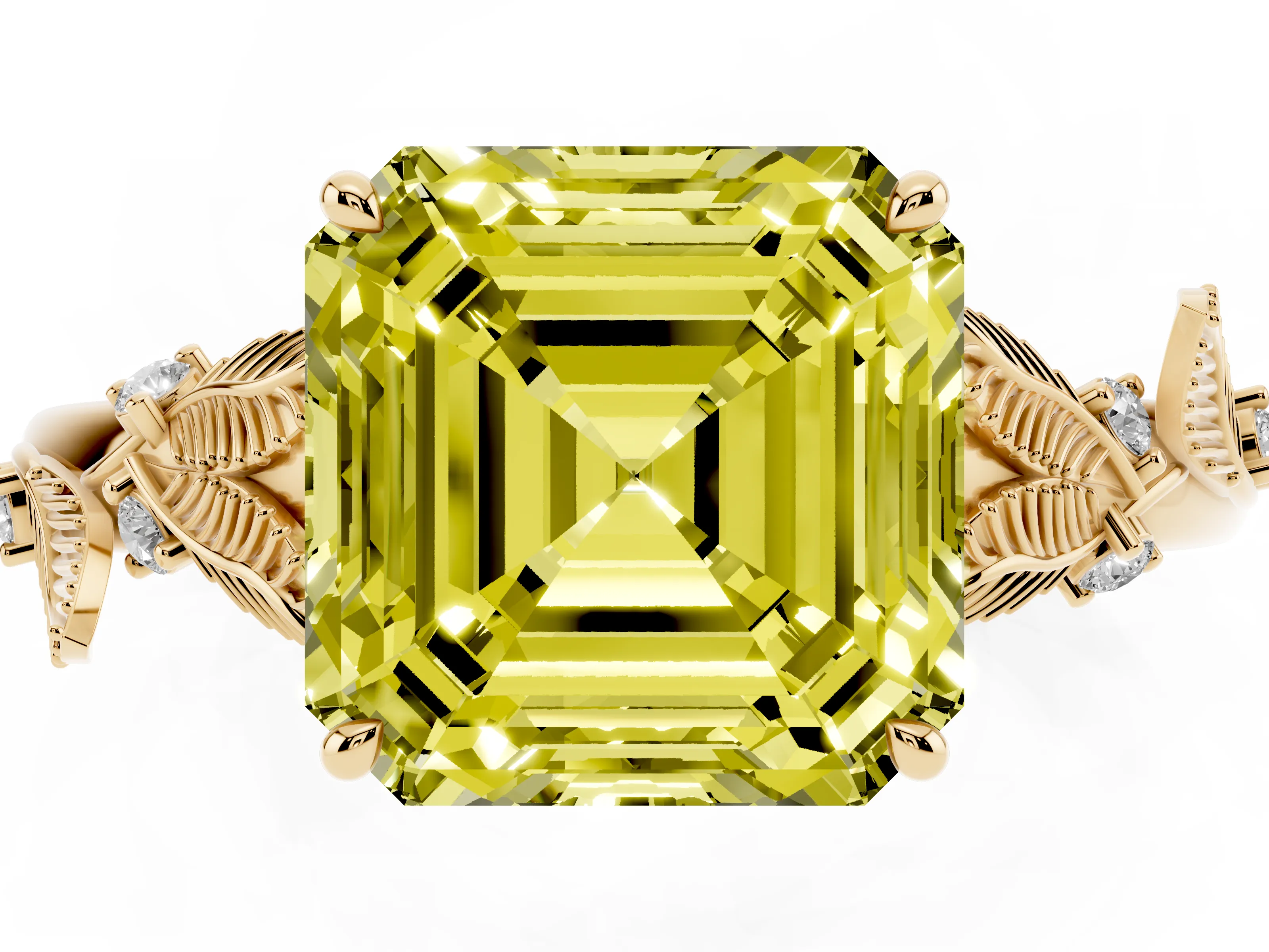 Fancy Yellow Asscher Cut Diamond Solitaire Ring Set in Yellow gold with Leaf Motif Band