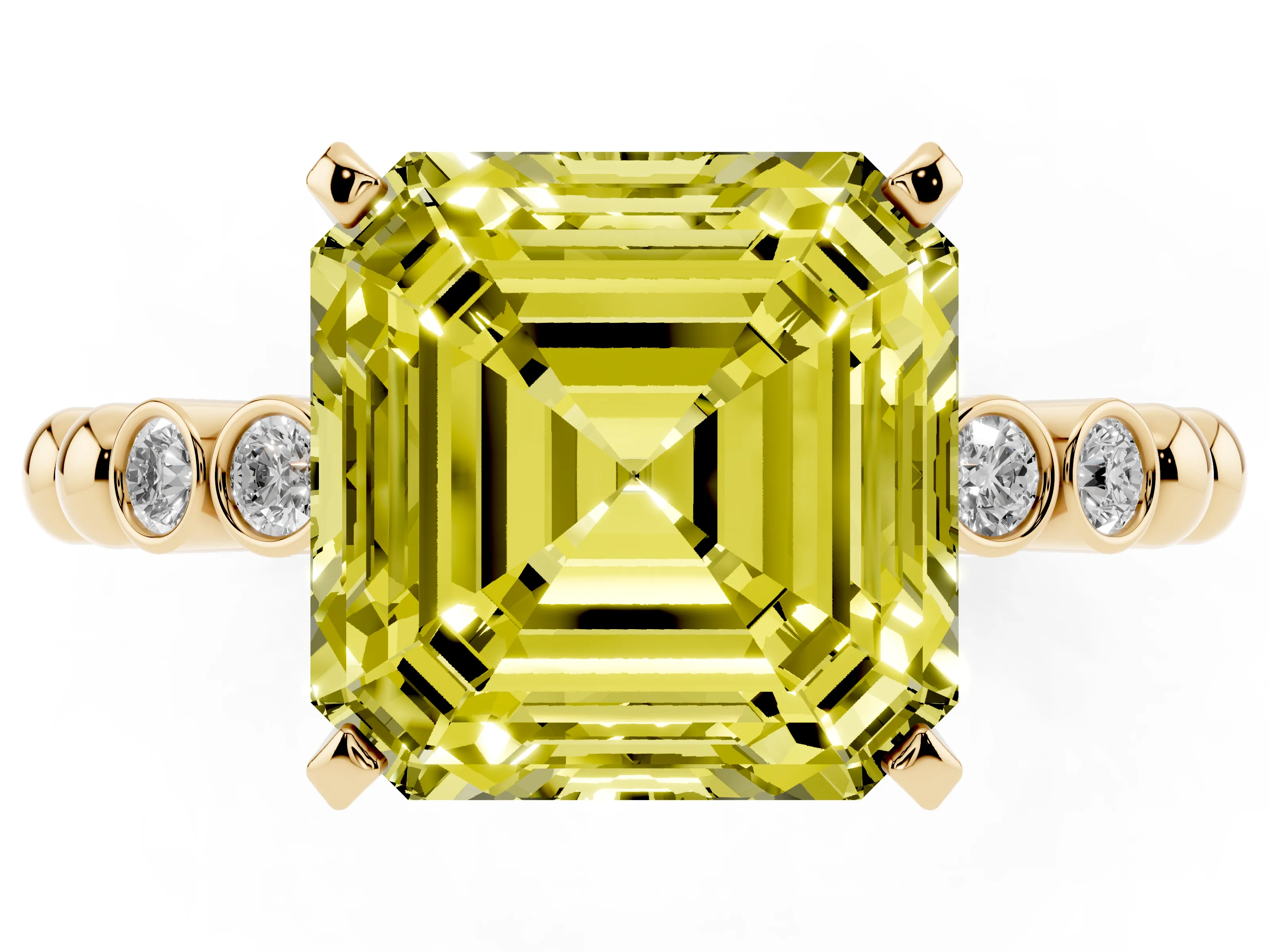 Fancy Yellow Asscher Cut Diamond Solitaire Engagement Ring Set in Yellow gold with Bezel Accents on Beaded Band