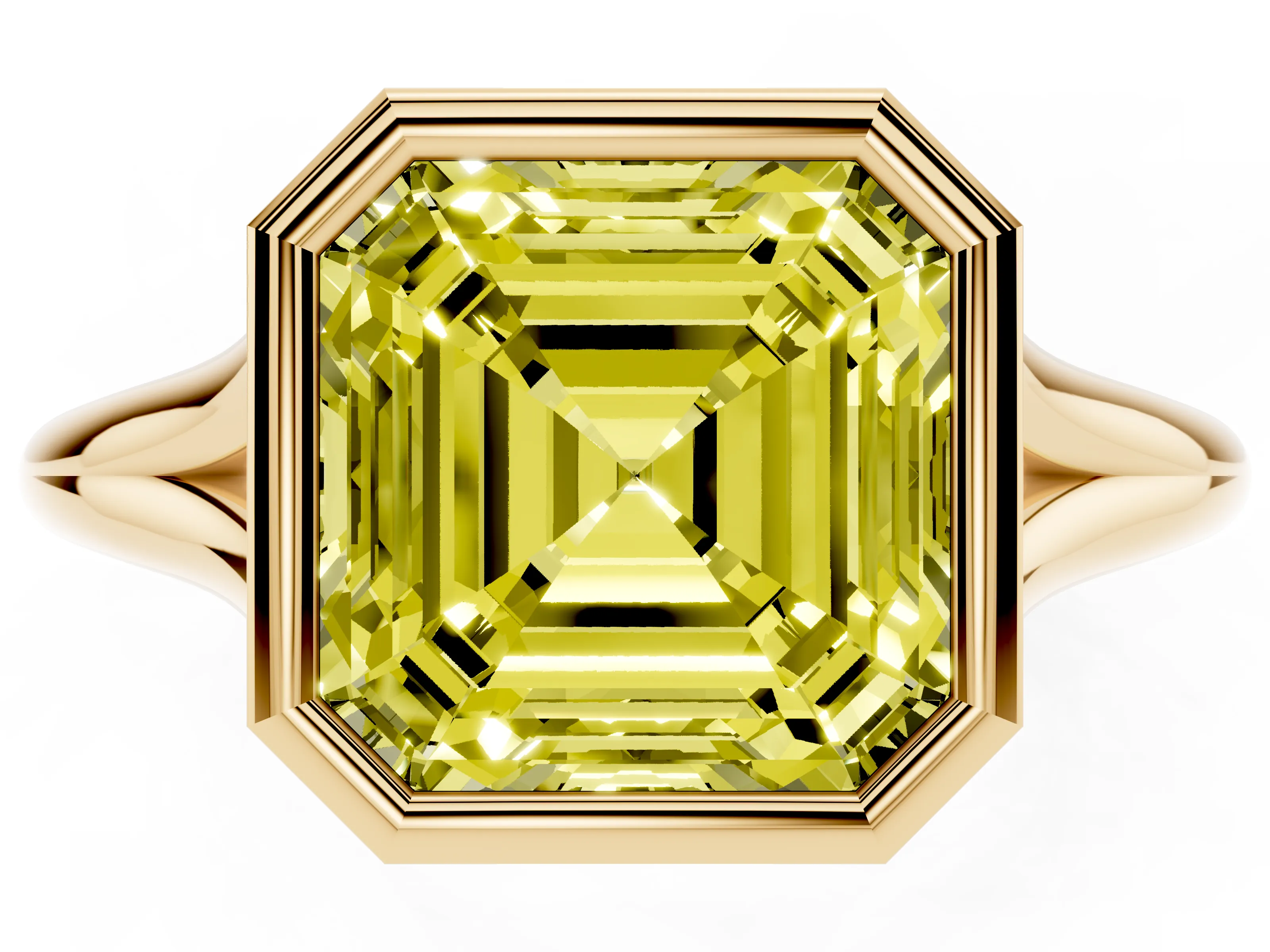 Fancy Yellow Bezel Set Asscher Cut Diamond Solitaire Ring Set in Yellow gold with Tapered Band