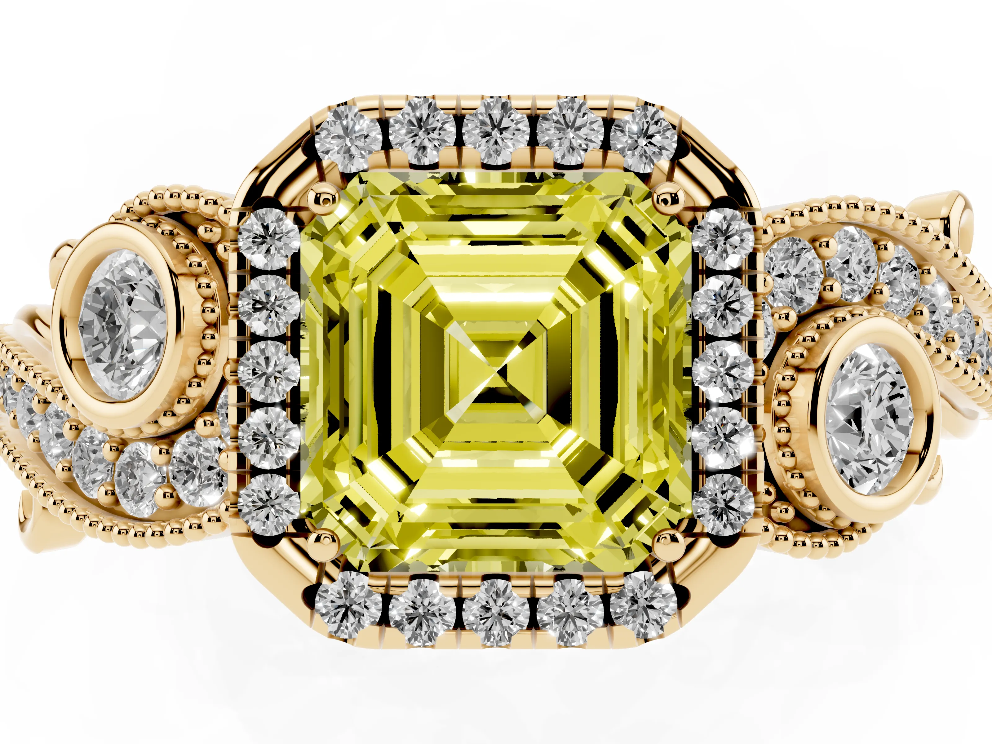Fancy Yellow Asscher Cut Diamond Halo Ring Set in Yellow gold with Milgrain Pavé Band and Prong Setting