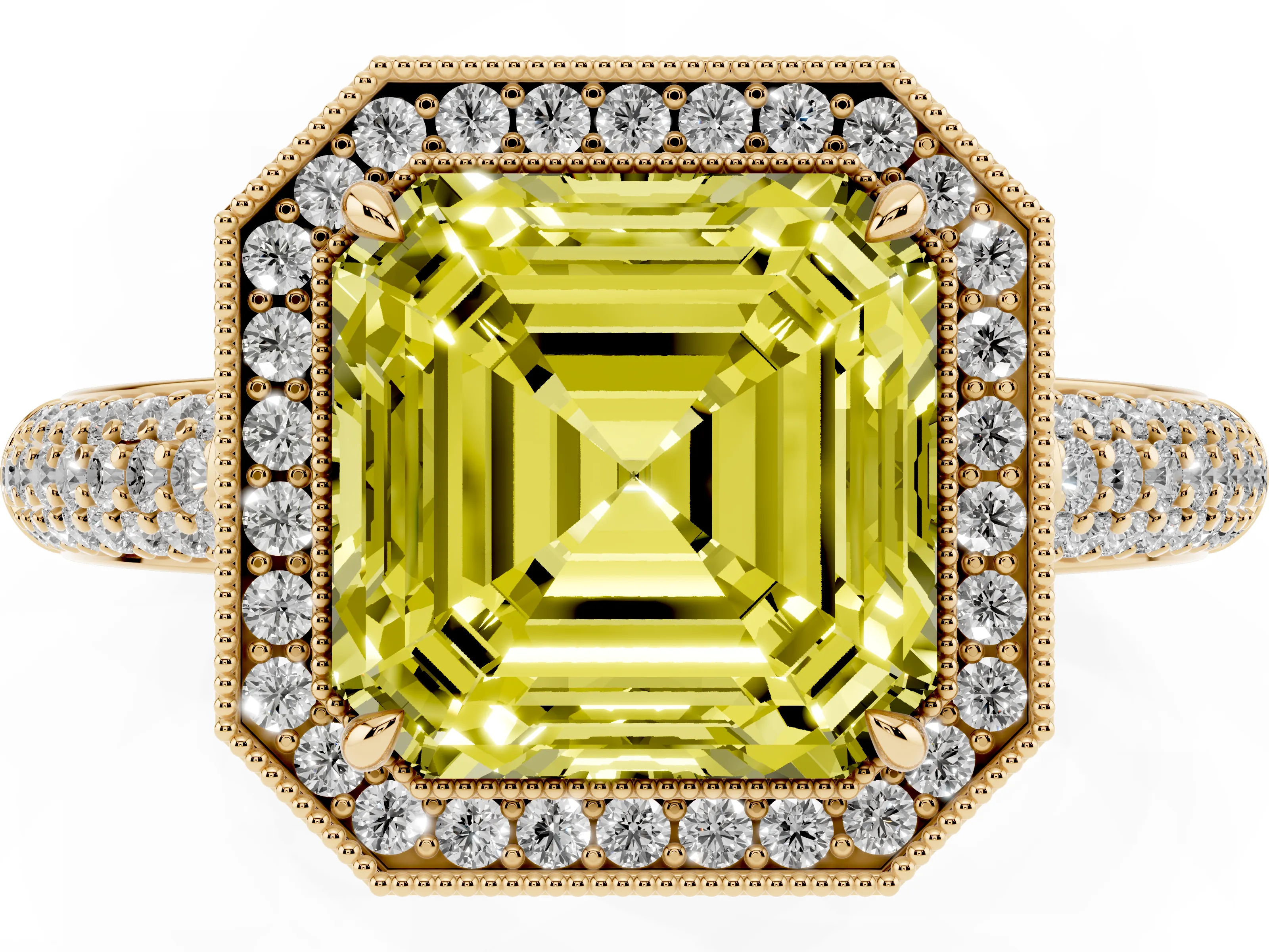 Fancy Yellow Asscher Cut Diamond Halo Pavé Band Set in Yellow gold with Prong Setting