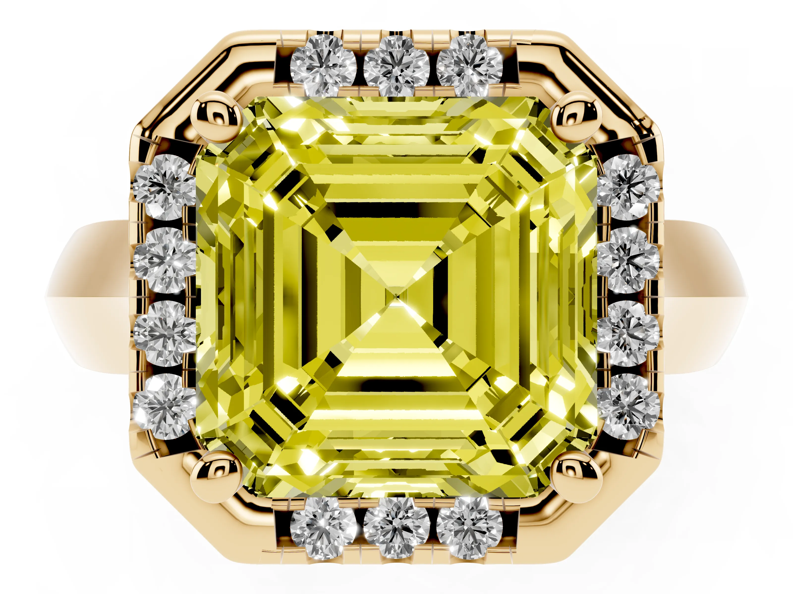 Fancy Yellow Asscher Cut Diamond Halo Solitaire Engagement Ring Set in Yellow gold with Square Band and Prong Setting