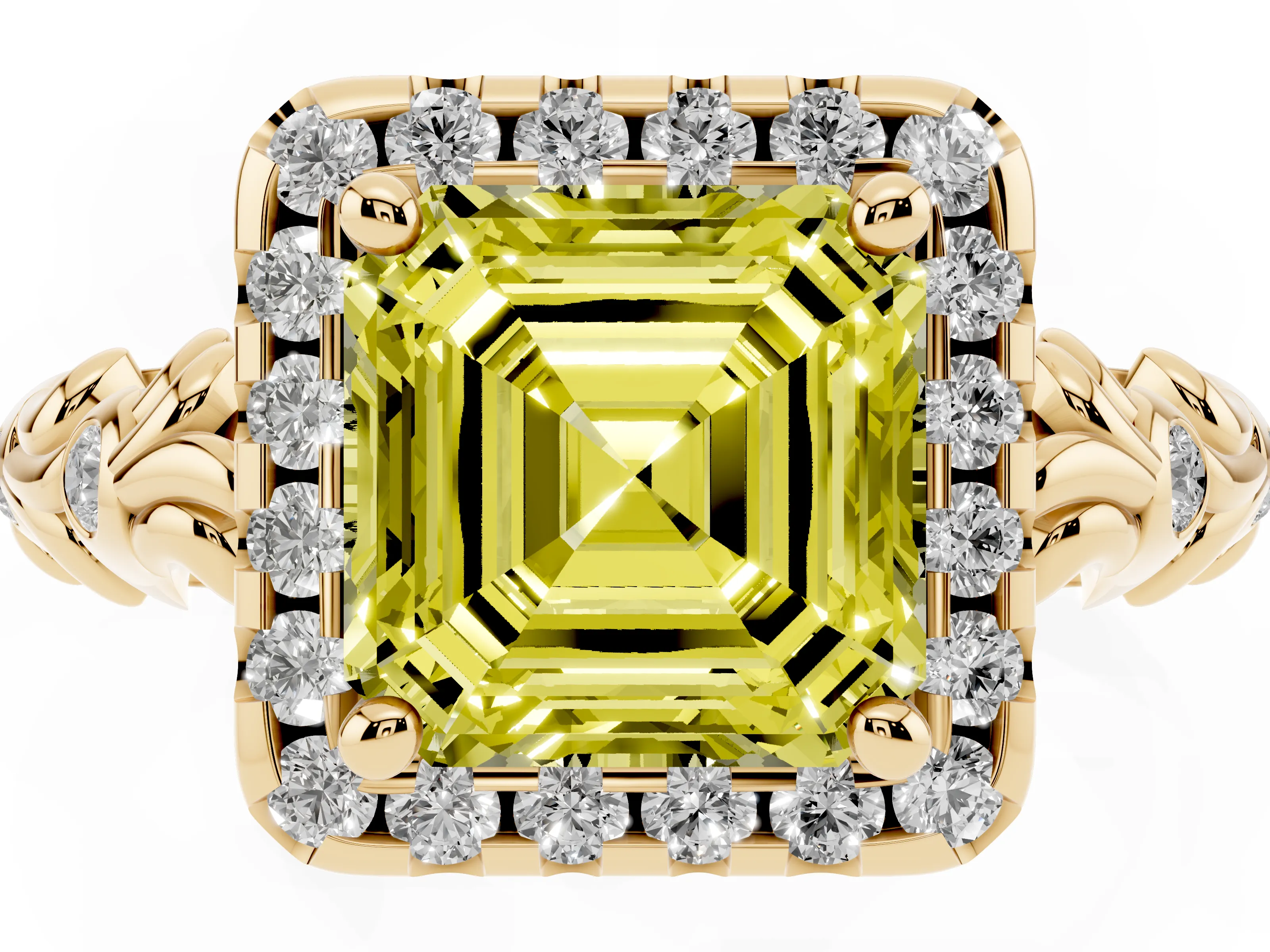 Fancy Yellow Asscher Cut Diamond Halo Ring Set in Yellow gold with Filigree Leaf Band and Prong Setting
