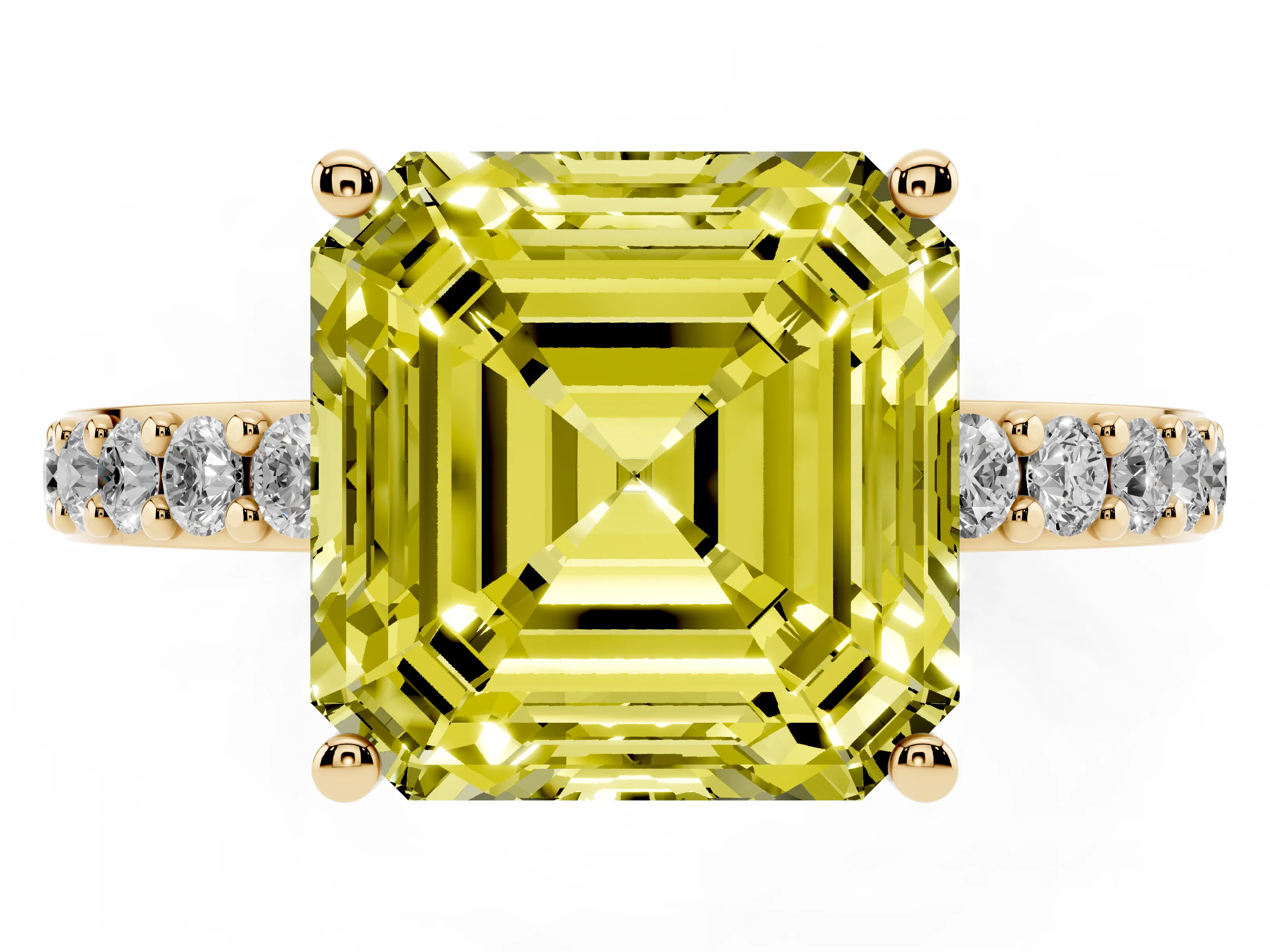 Fancy Yellow Asscher Cut Diamond Solitaire Set in Yellow gold with Round Pavé Band and Prong Setting