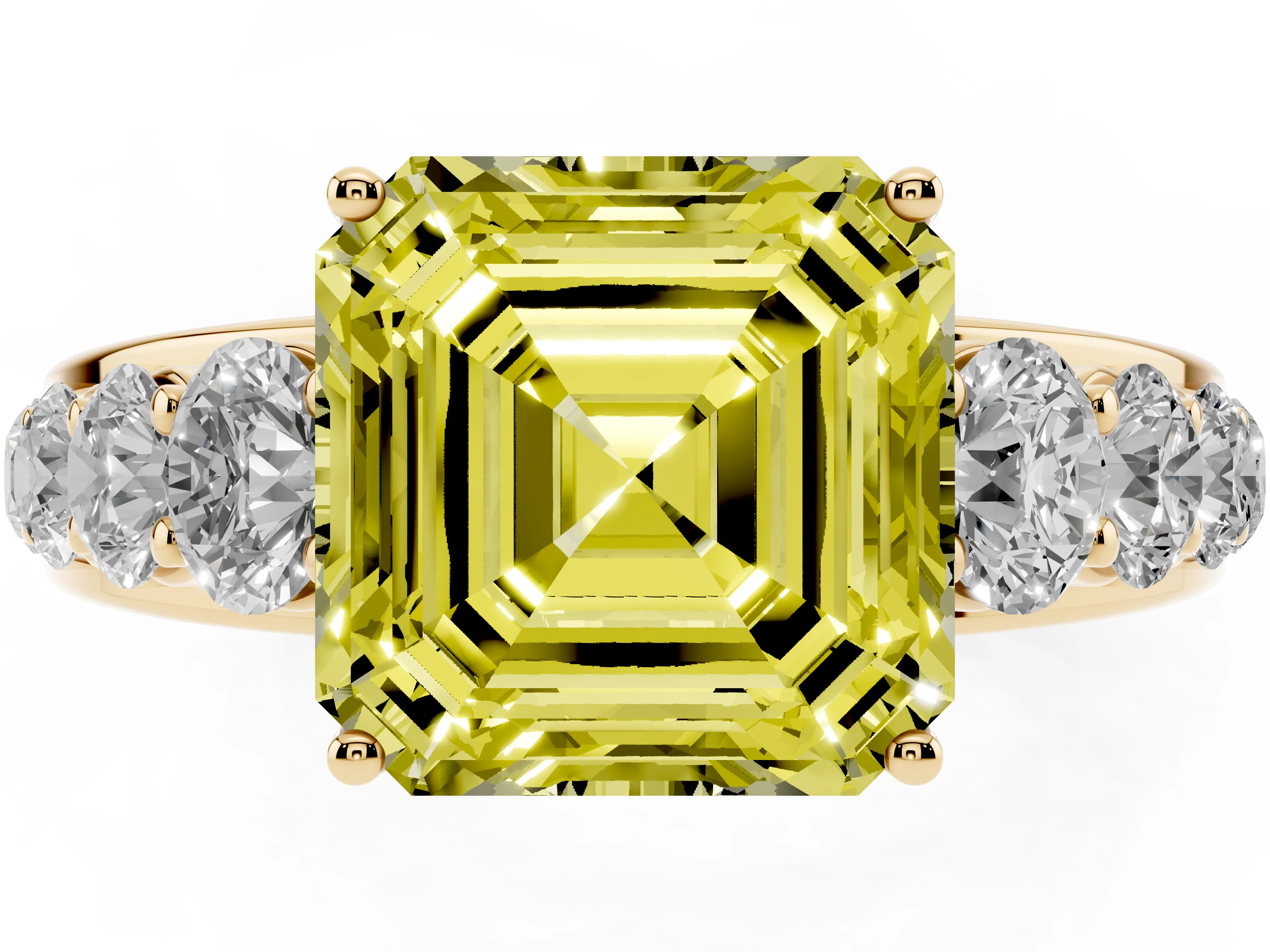 Fancy Yellow Asscher Cut Diamond Solitaire Ring Set in Yellow gold with Pavé-Set Band and Prong Setting
