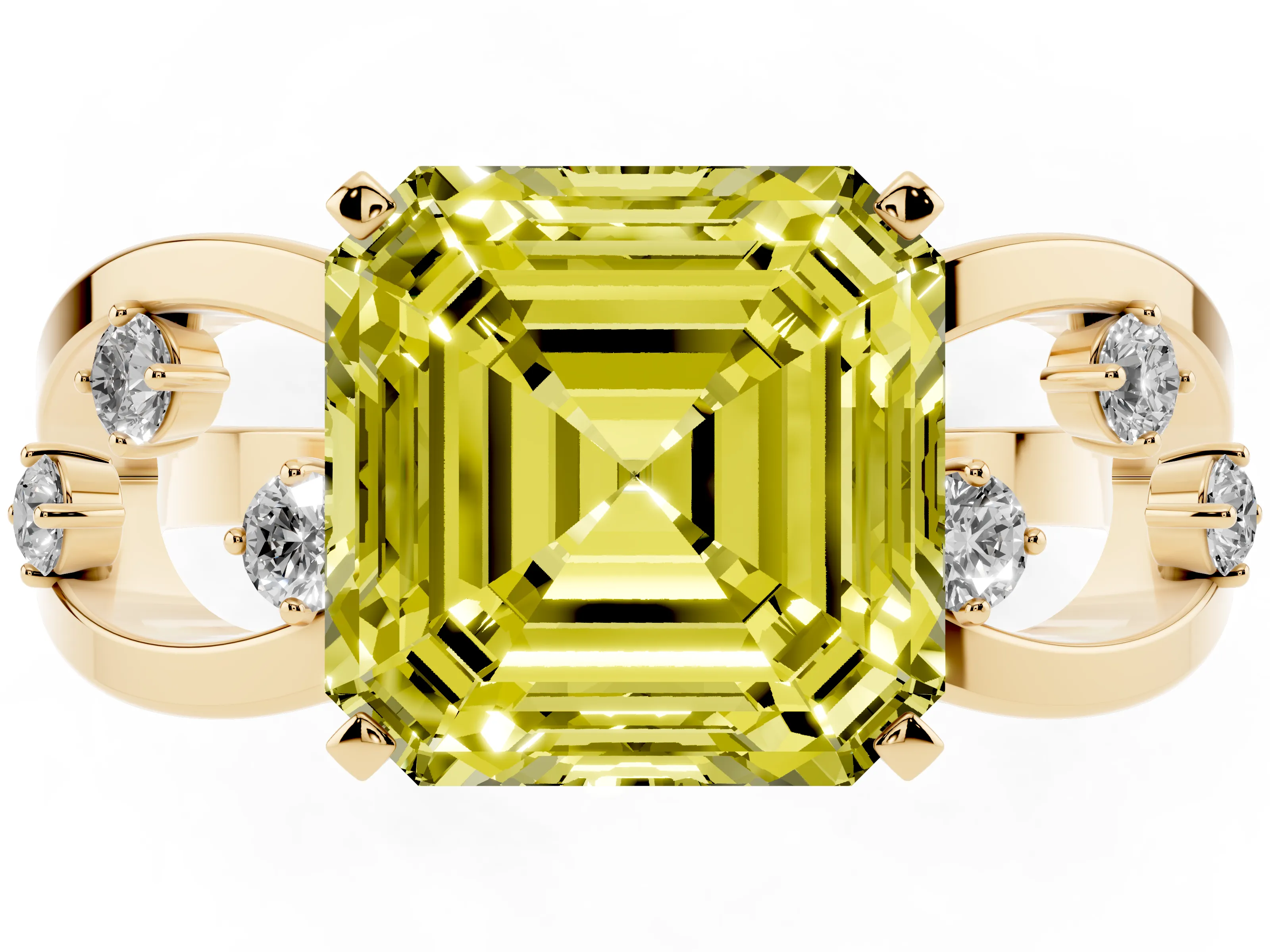 Fancy Yellow Asscher Cut Diamond Solitaire Ring Set in Yellow gold with Side Stones on Criss-Cross Band and Prong Setting