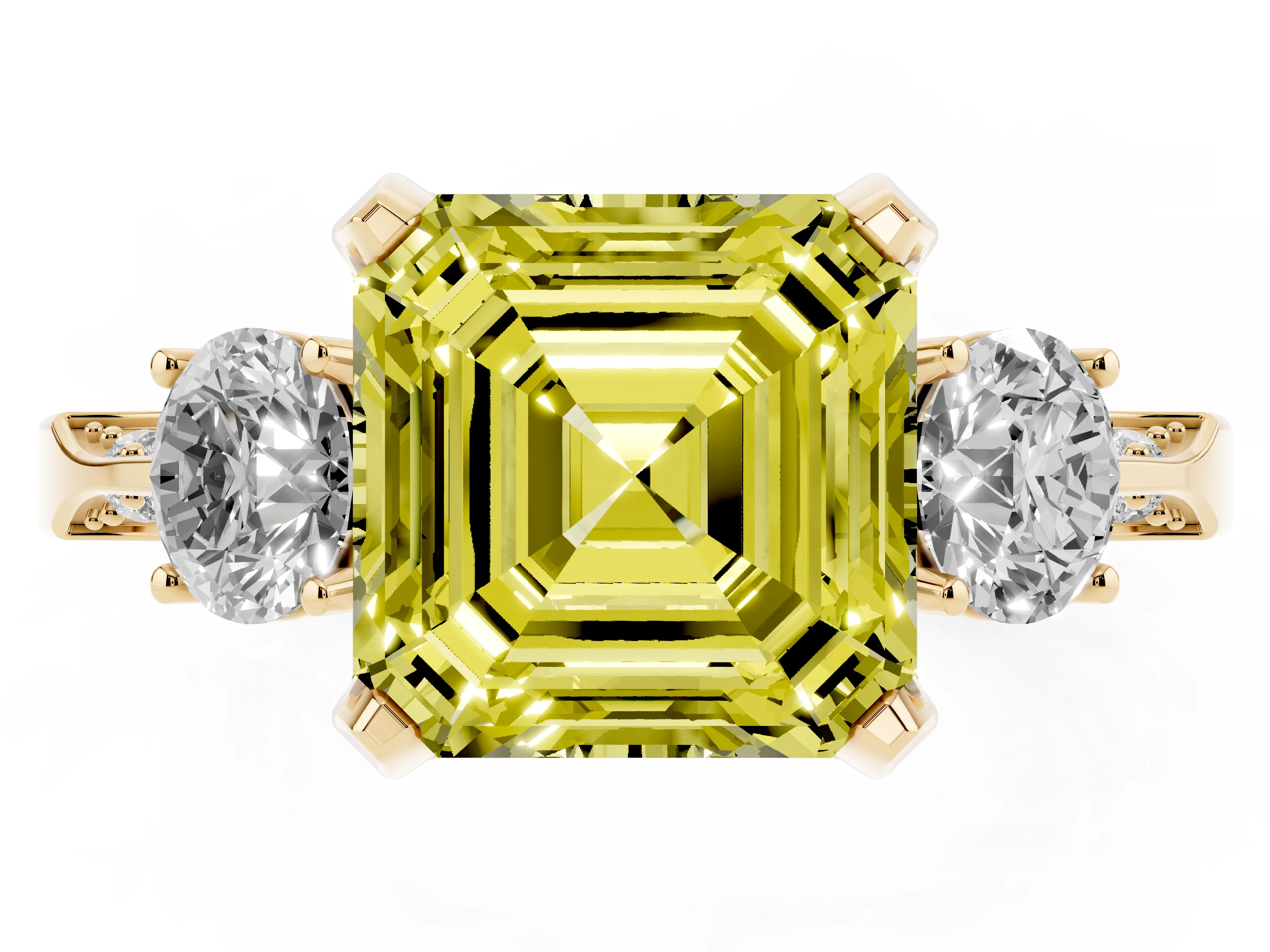 Fancy Yellow Asscher Cut Diamond Three-Stone Ring Set in Yellow gold with Pavé Band and Smaller Side Stones