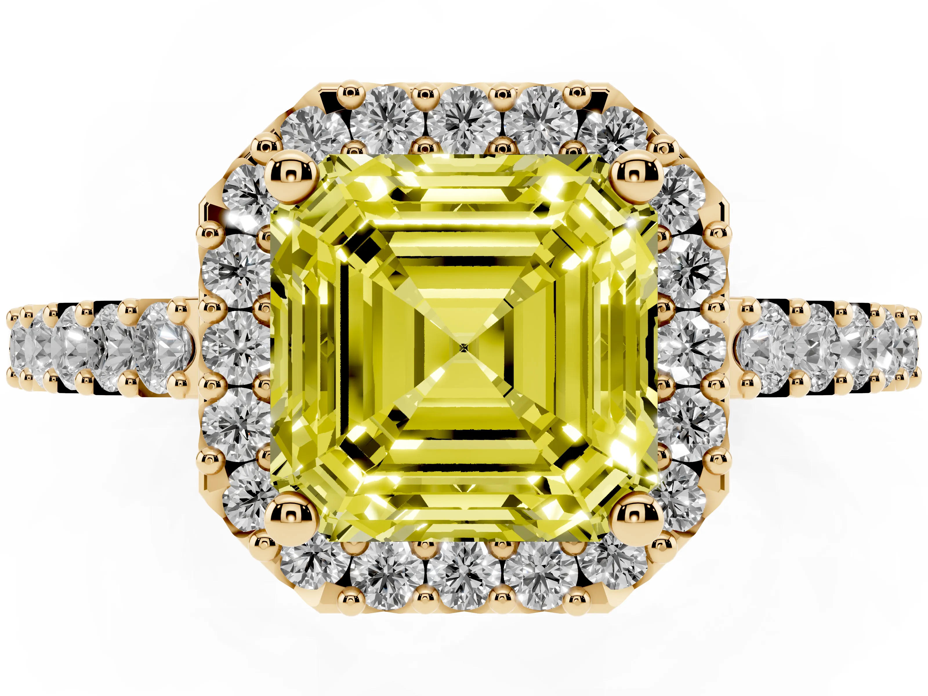 Fancy Yellow Asscher Cut Diamond Halo Pavé Solitaire Ring Set in Yellow gold with Prong-Set Center Stone