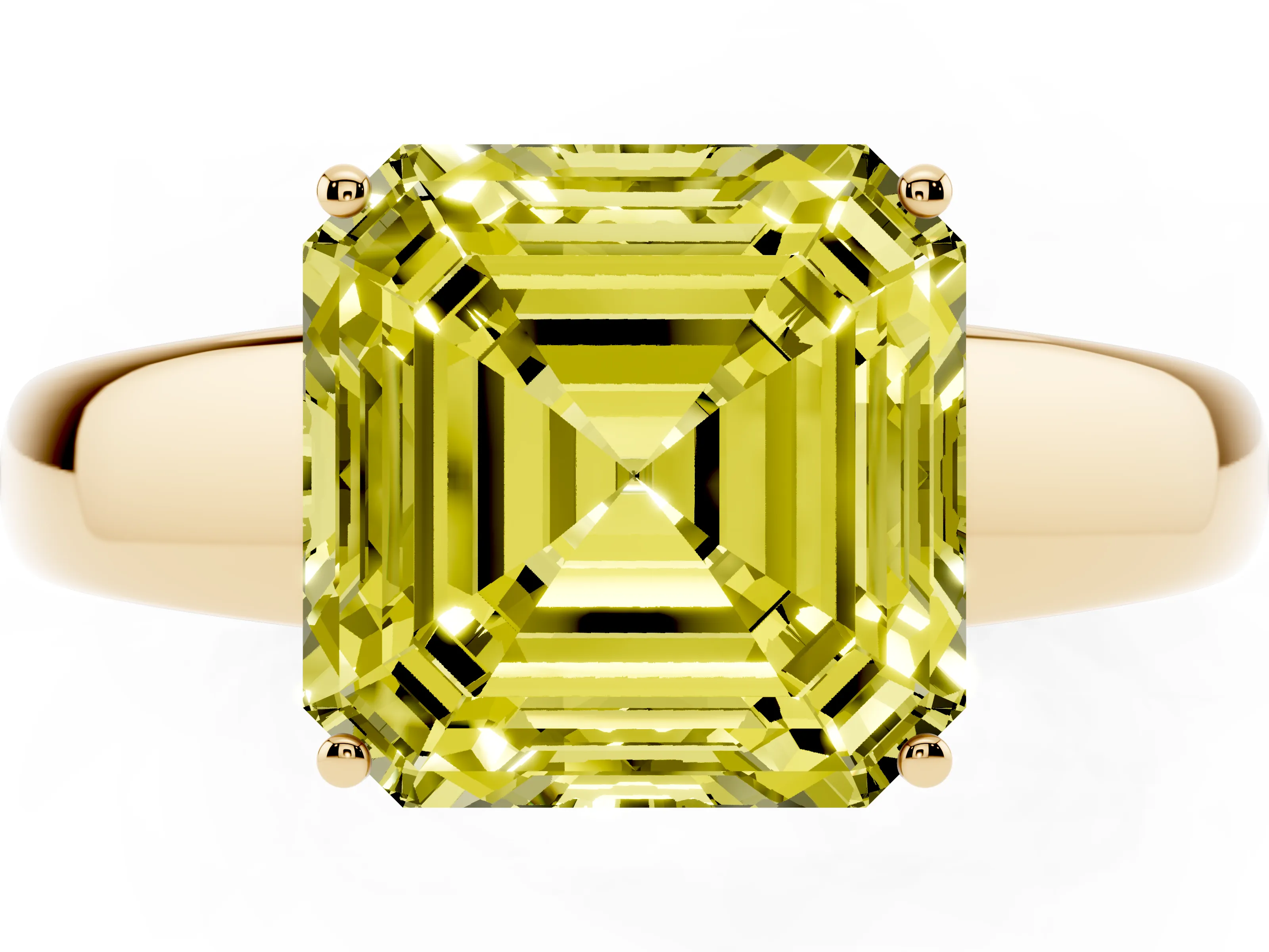 Fancy Yellow Asscher Cut Diamond Solitaire Ring Set in Yellow gold with Tapered Band and Prong Setting