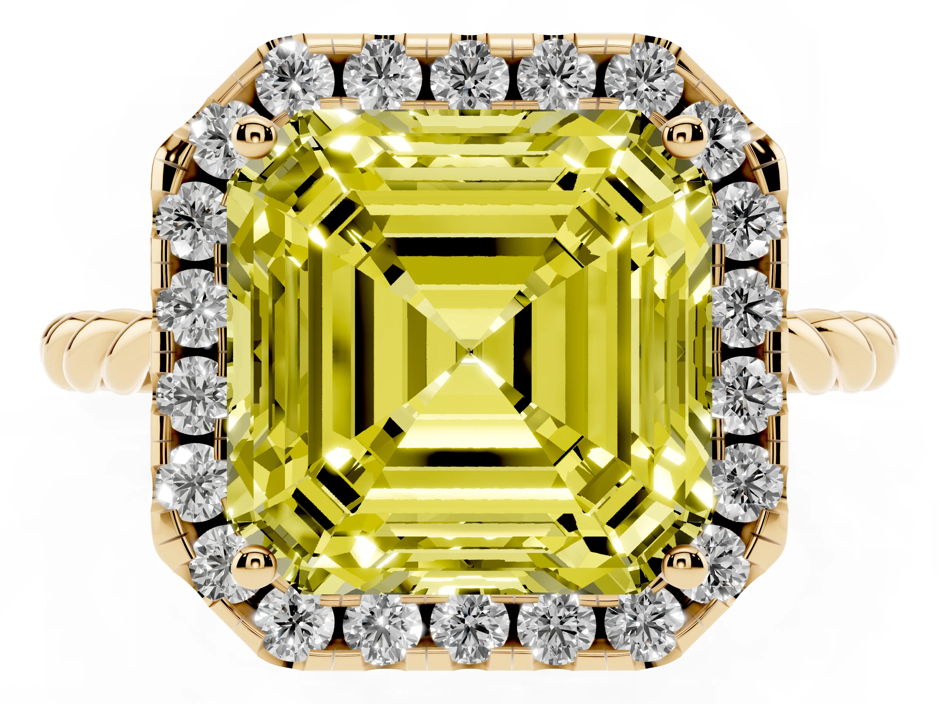 Fancy Yellow Asscher Cut Diamond Halo Ring Set in Yellow gold with Plain Twisted Band