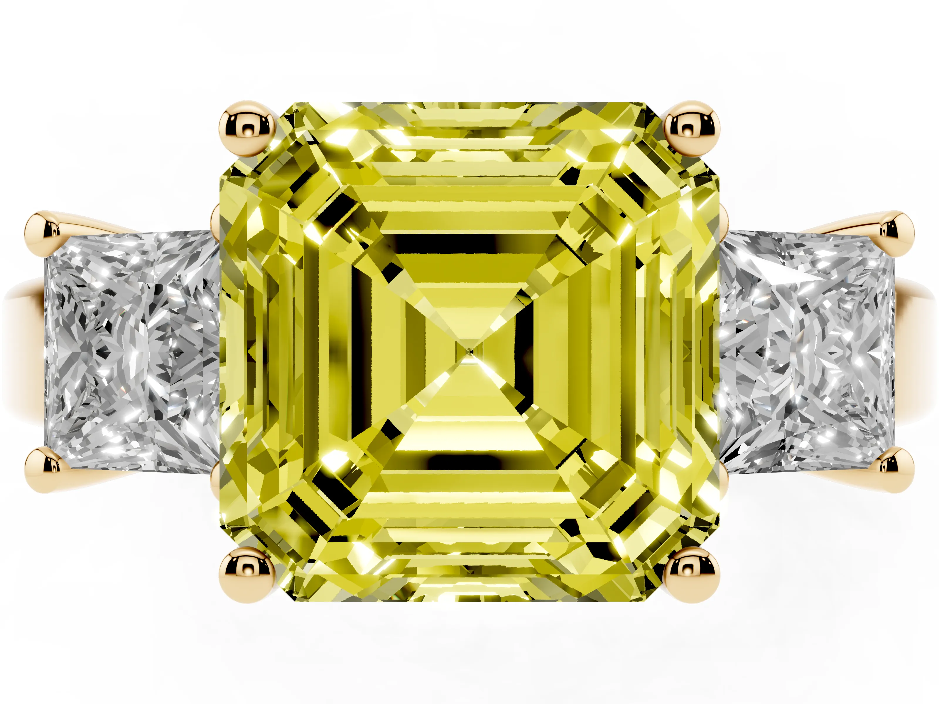 Fancy Yellow Three-Stone Asscher Cut Diamond Solitaire Ring Set in Yellow gold with Prong Setting