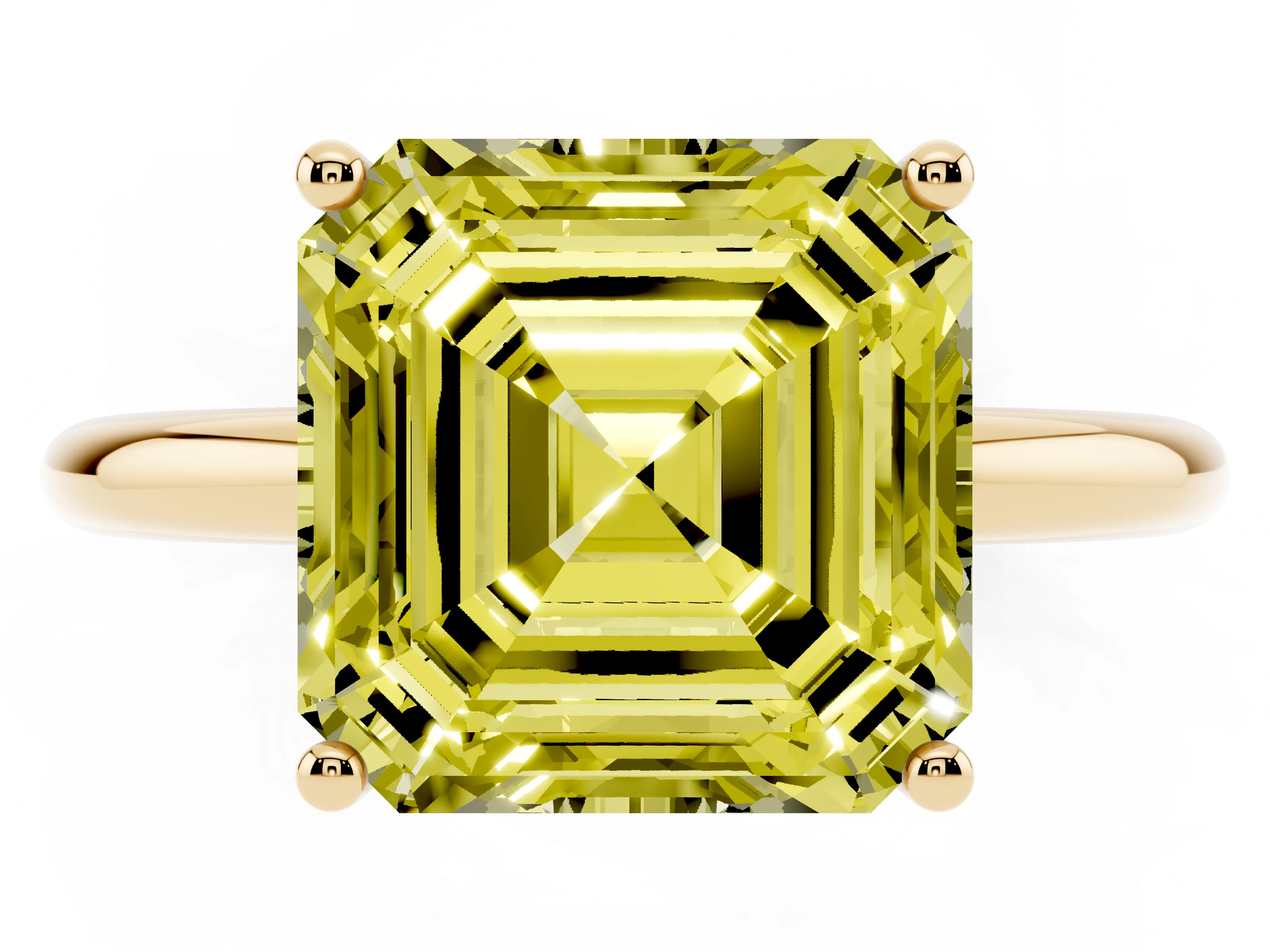 Fancy Yellow Asscher Cut Diamond Solitaire Engagement Ring Set in Yellow gold with Prong Setting and Polished Band