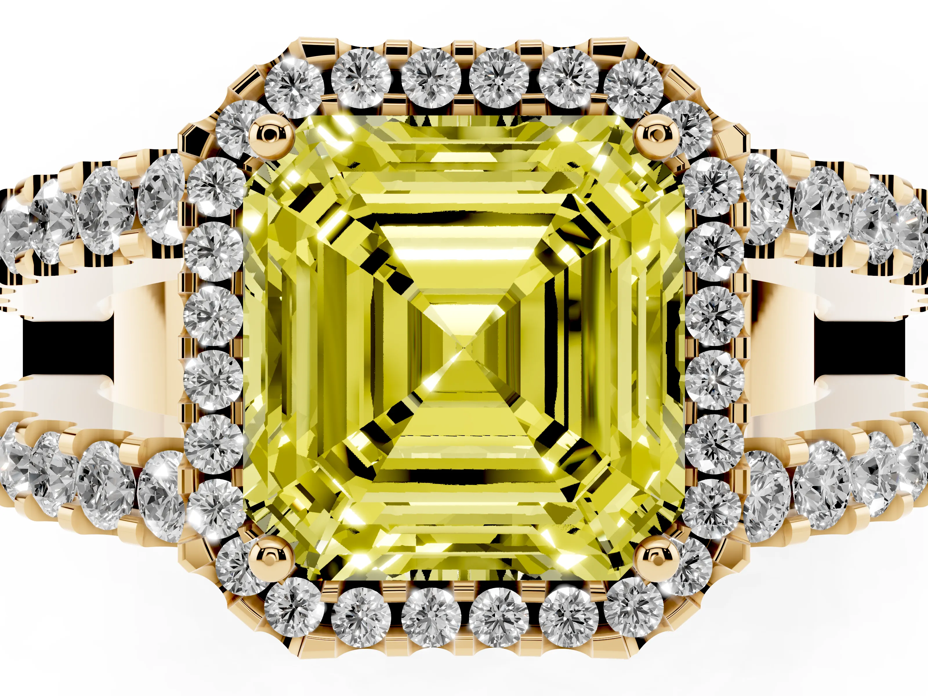 Fancy Yellow Asscher Cut Diamond Halo Ring Set in Yellow gold with Pavé Split Shank and Prong Setting