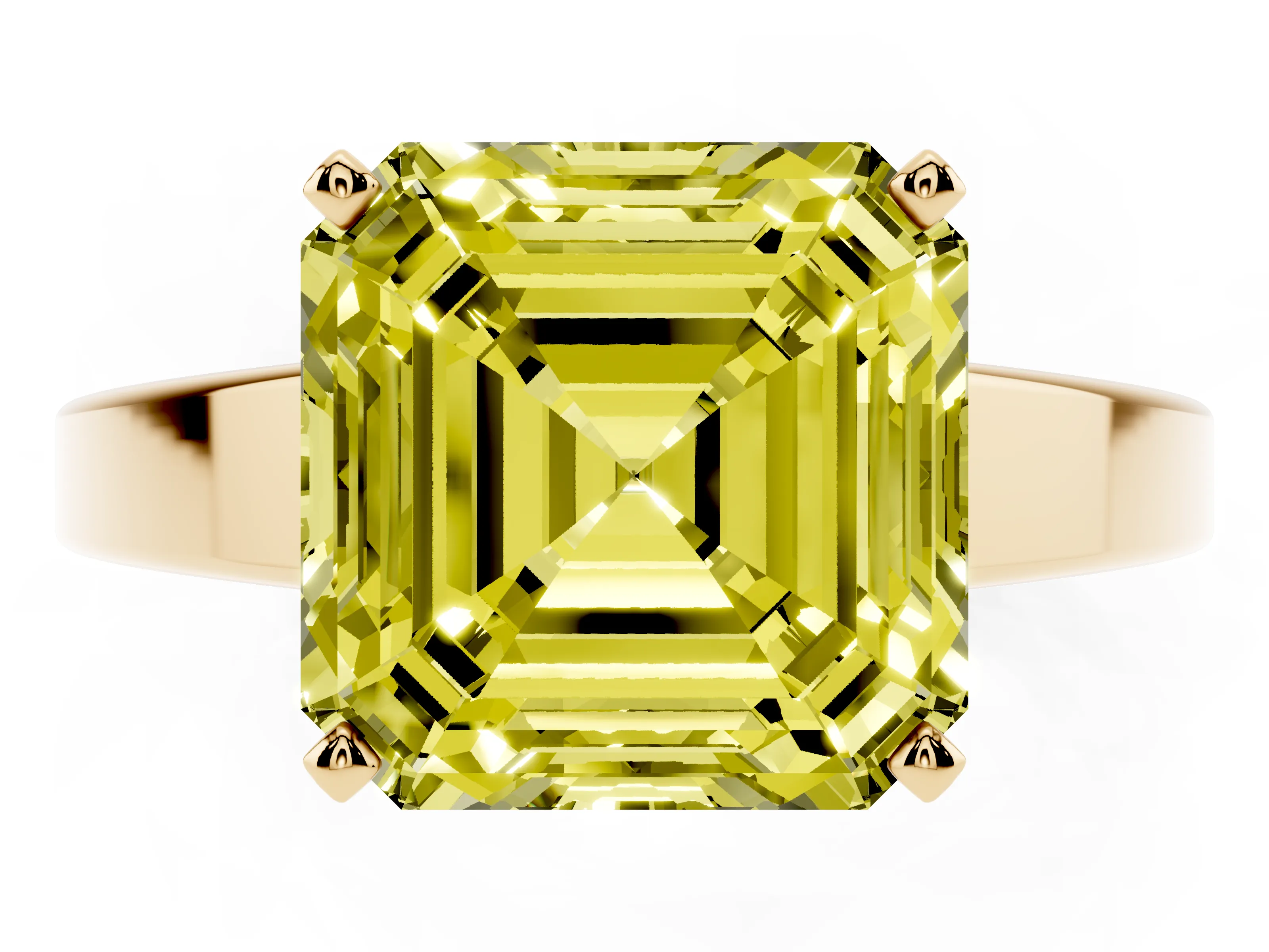 Fancy Yellow Asscher Cut Diamond Solitaire Engagement Ring Set in Yellow gold with Prong Setting and Tapered Band