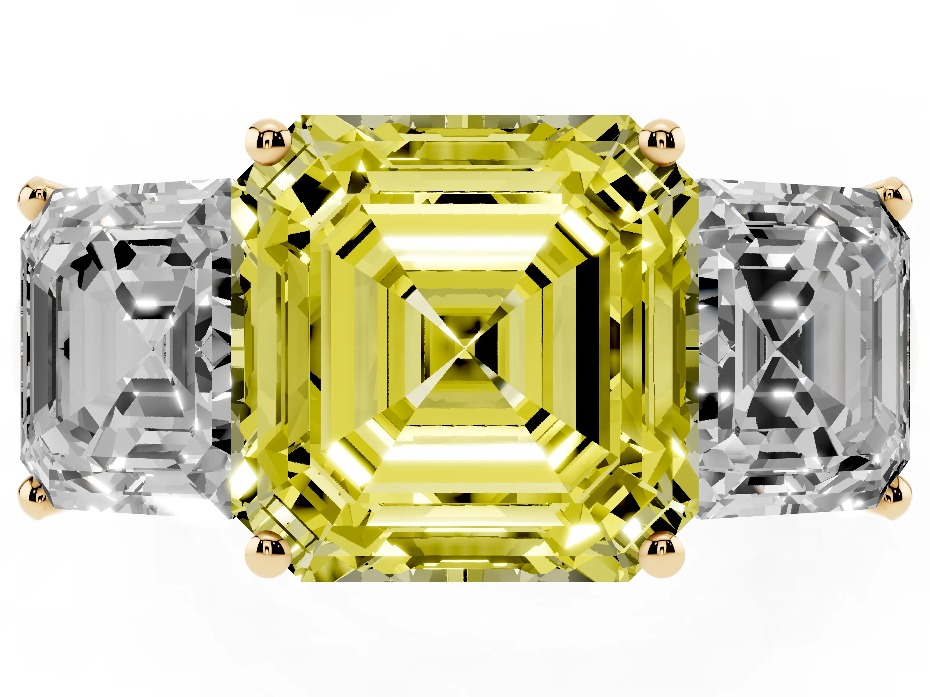 Fancy Yellow Asscher Cut Diamond Three-Stone Ring Set in Yellow gold with Classic Prong Setting and Plain Band