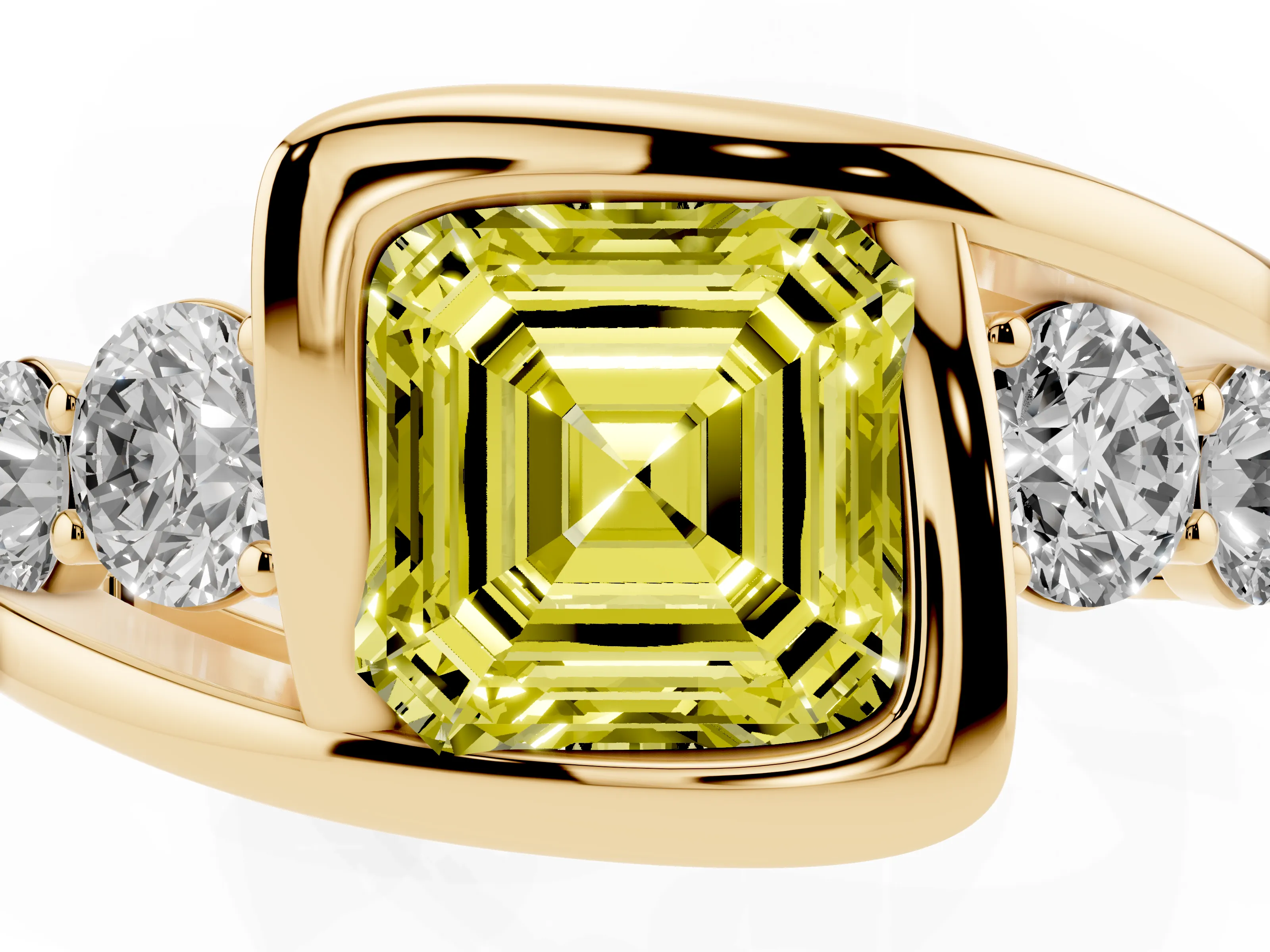 Fancy Yellow Asscher Cut Diamond Bezel Bypass Ring Set in Yellow gold with Round Accents