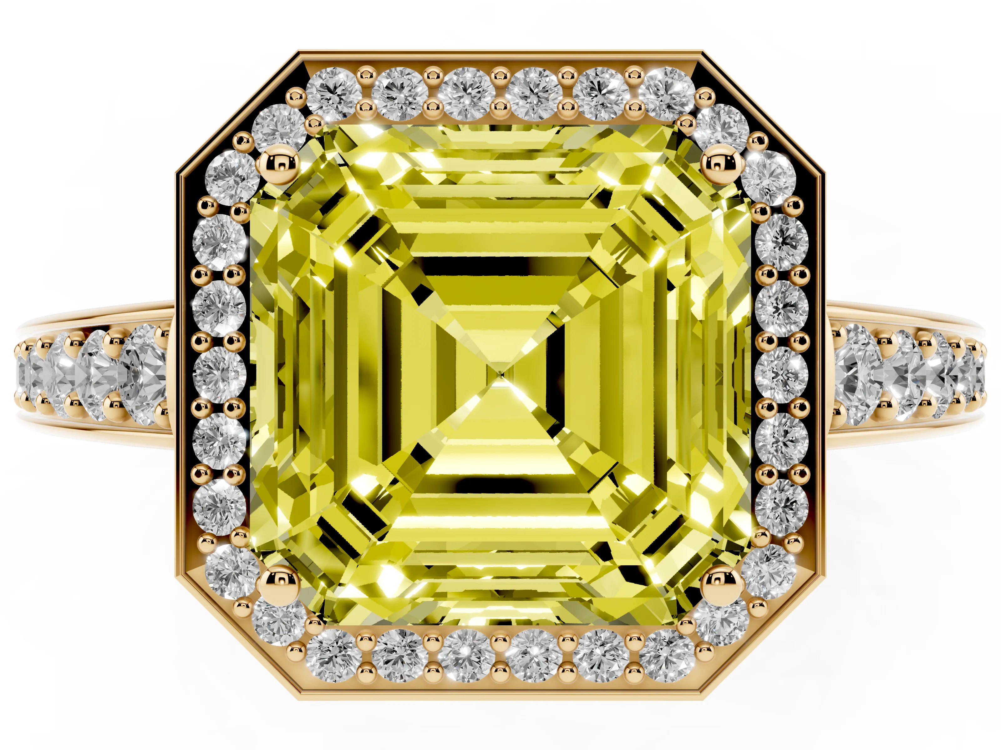 Fancy Yellow Asscher Cut Diamond Halo Pavé Engagement Ring Set in Yellow gold with Bezel Setting