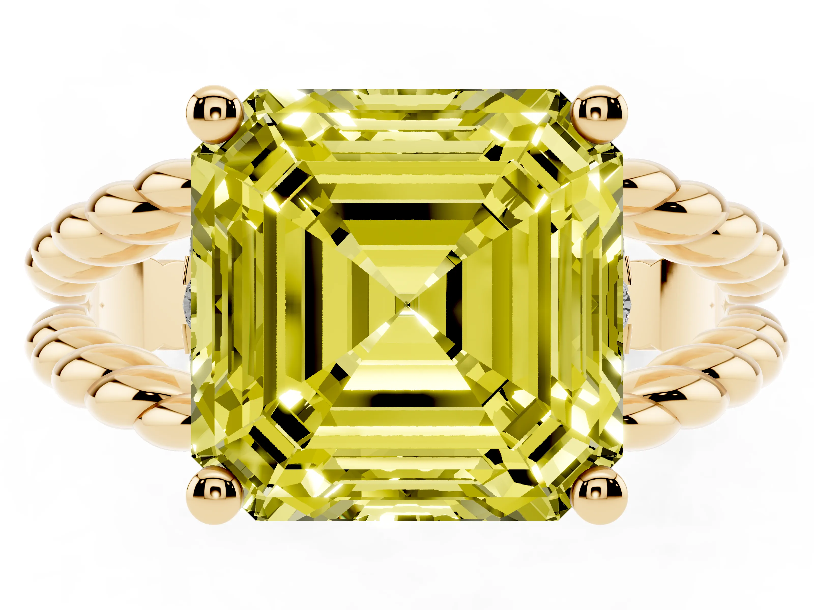 Fancy Yellow Asscher Cut Diamond Halo Ring Set in Yellow gold with Twisted Band and Prong Setting