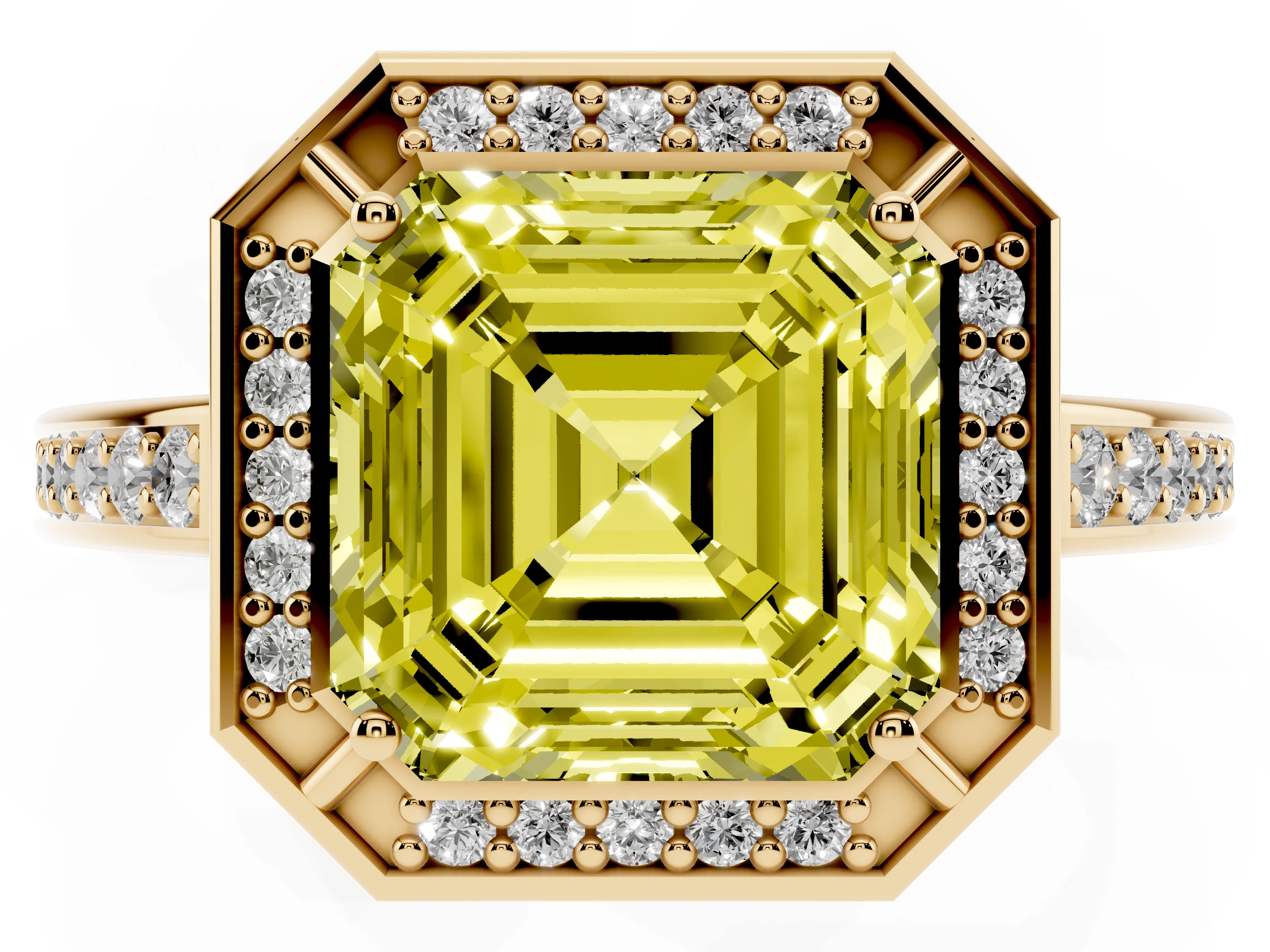 Fancy Yellow Asscher Cut Diamond Halo Pavé Split Shank Ring Set in Yellow gold with Prong Setting