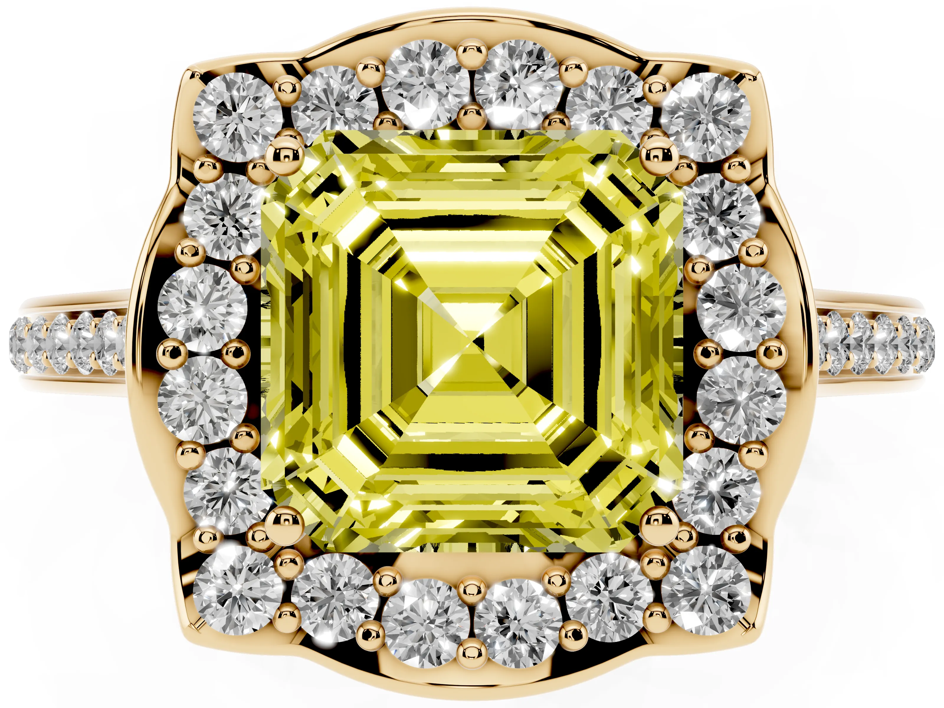 Fancy Yellow Asscher Cut Diamond Halo Ring Set in Yellow gold with Pavé-Lined Shoulders and Prong Setting