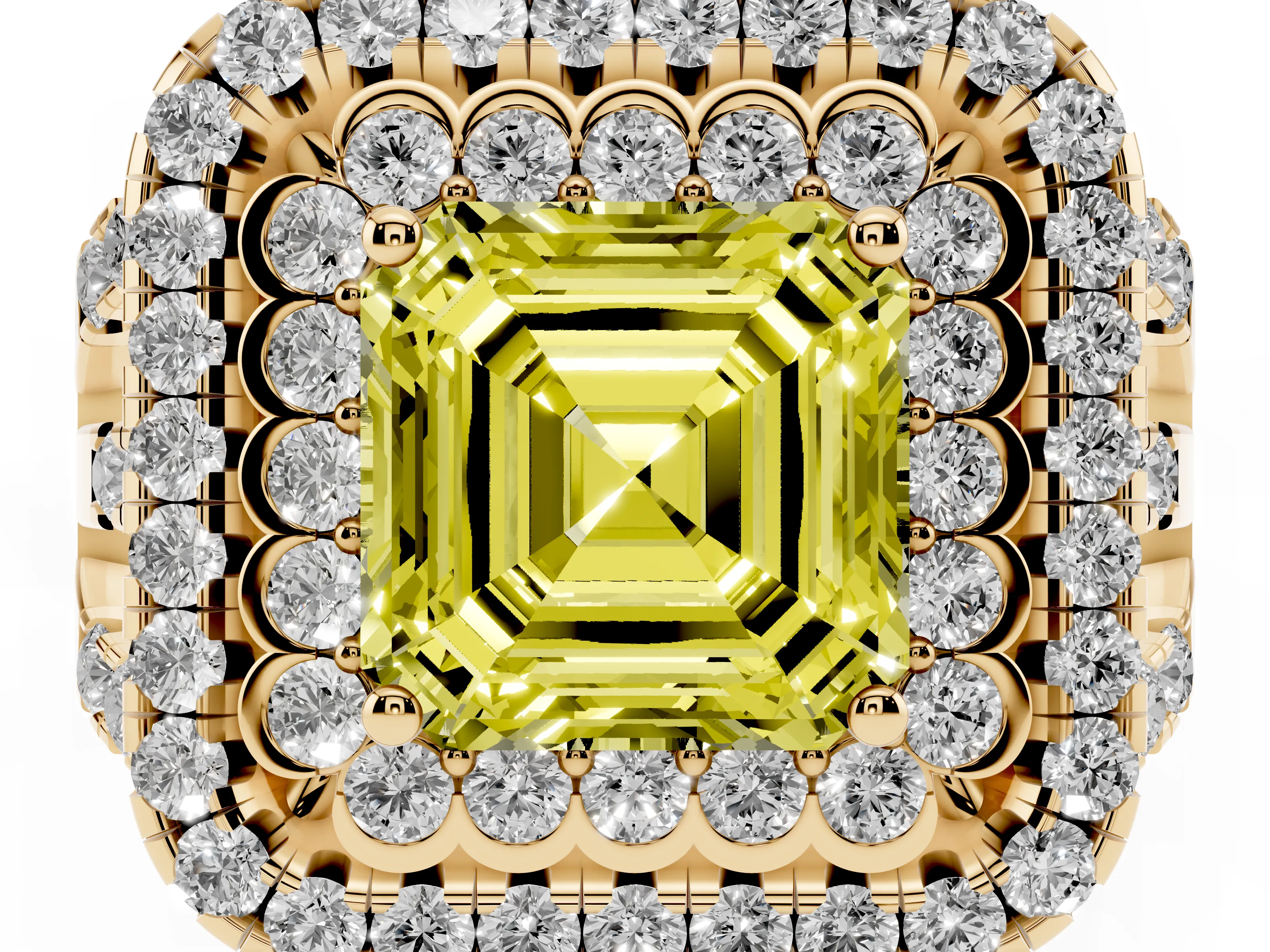 Fancy Yellow Asscher Cut Diamond Double Halo Ring Set in Yellow gold with Round Pavé Split Shank