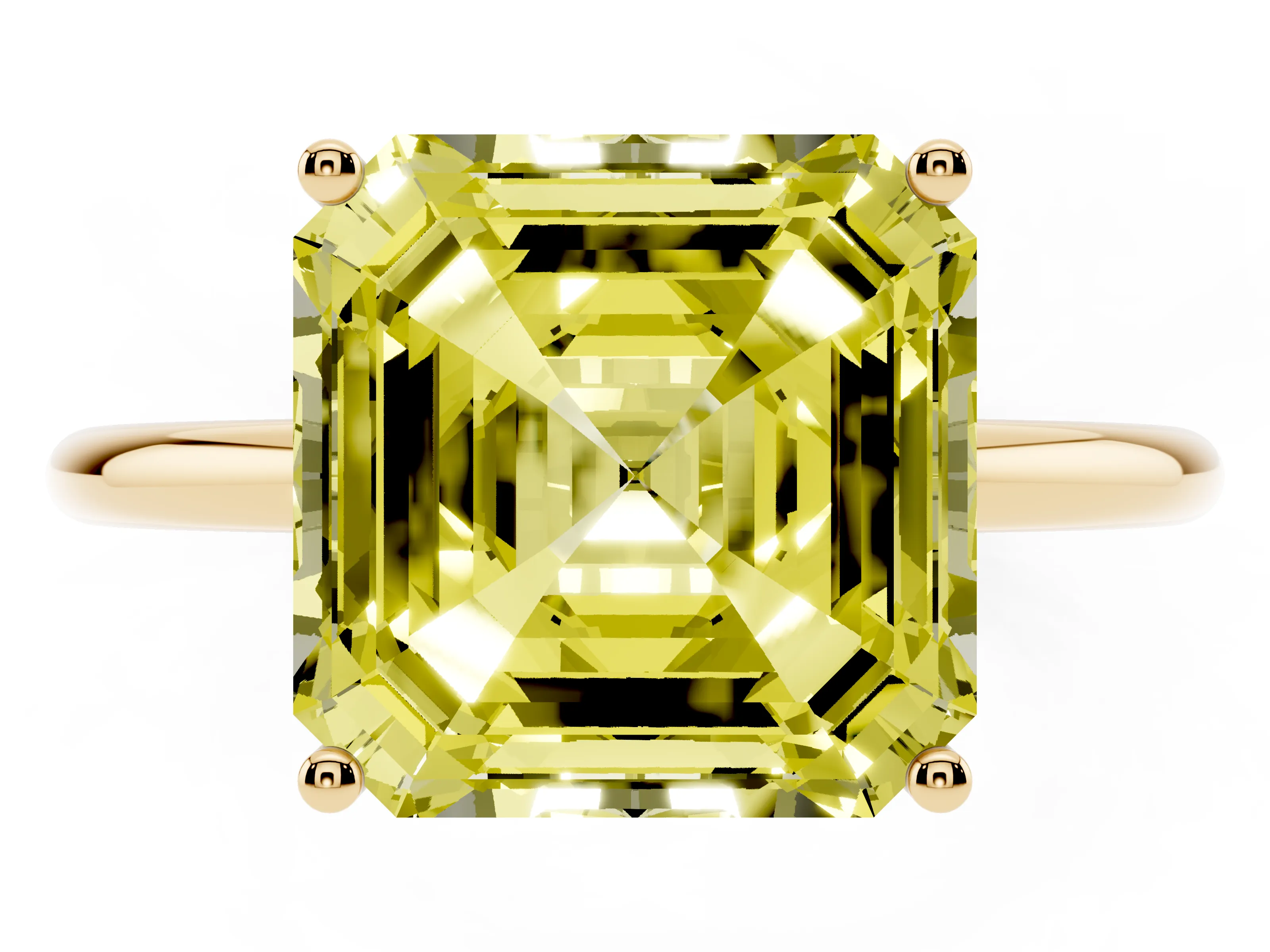 Fancy Yellow Asscher Cut Diamond Solitaire Engagement Ring Set in Yellow gold with Thin Band and Prong Setting