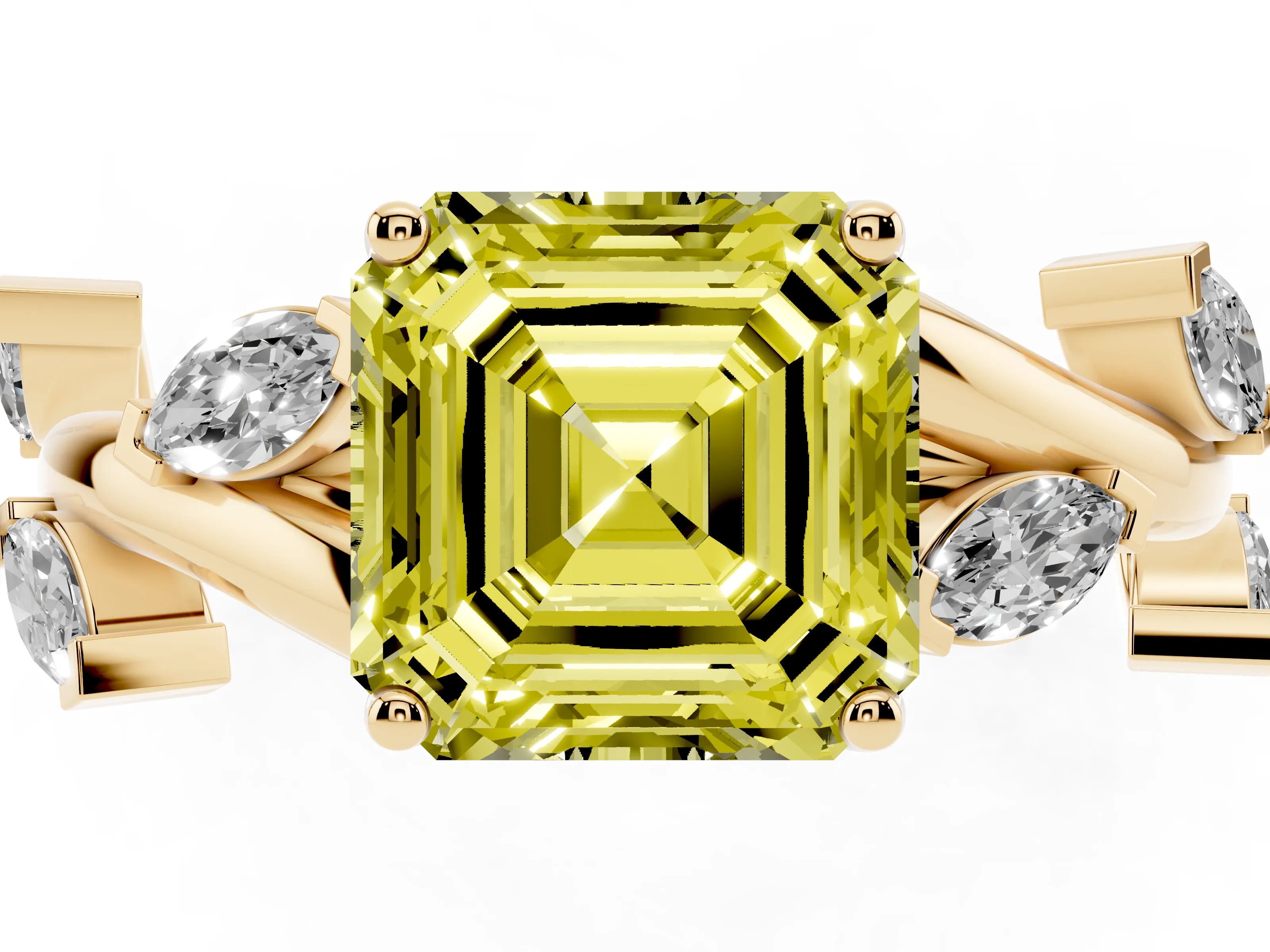 Fancy Yellow Asscher Cut Diamond Solitaire Ring Set in Yellow gold with Twisted Marquise Accent Band