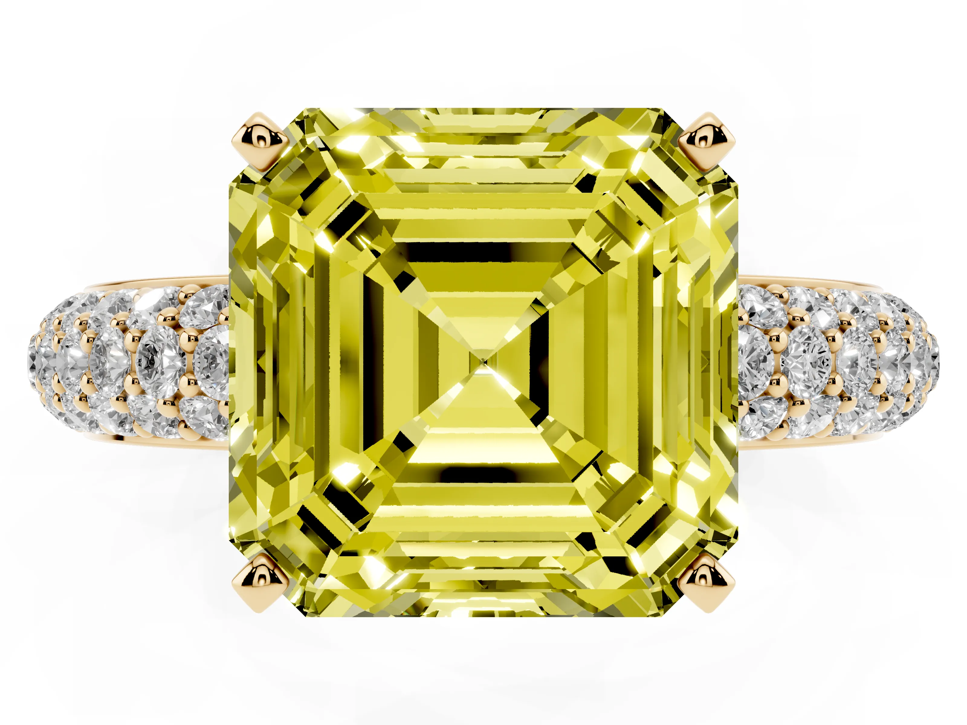 Fancy Yellow Asscher Cut Diamond Solitaire Ring Set in Yellow gold with Prong Setting and Pavé-Set Band