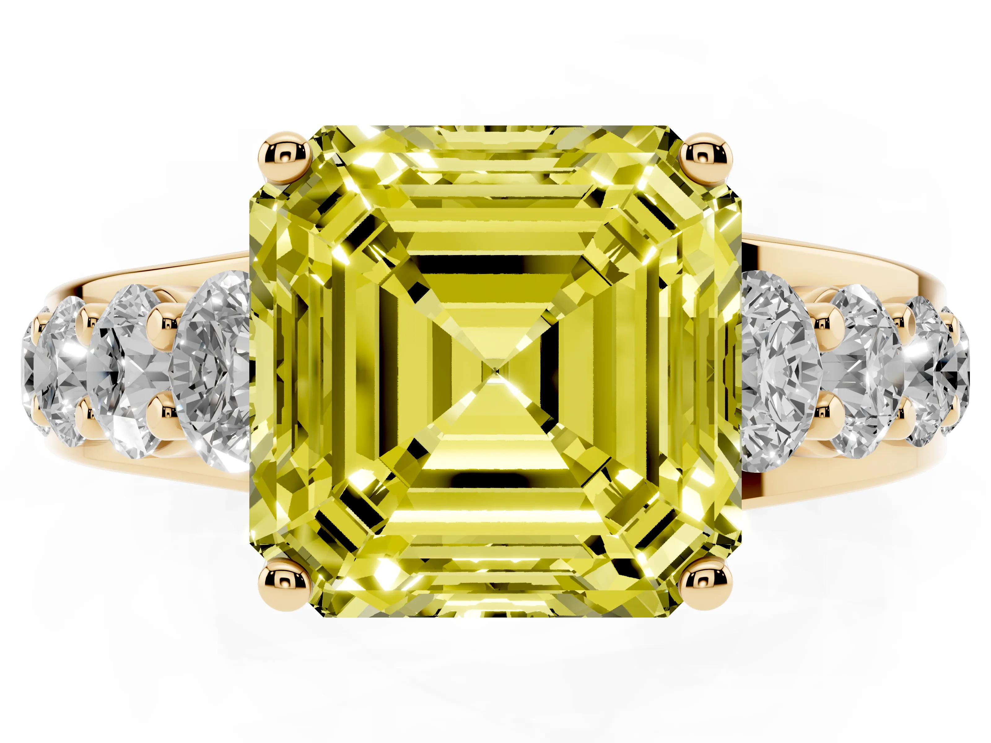 Fancy Yellow Asscher Cut Diamond Pavé Engagement Ring Set in Yellow gold with Prong Setting