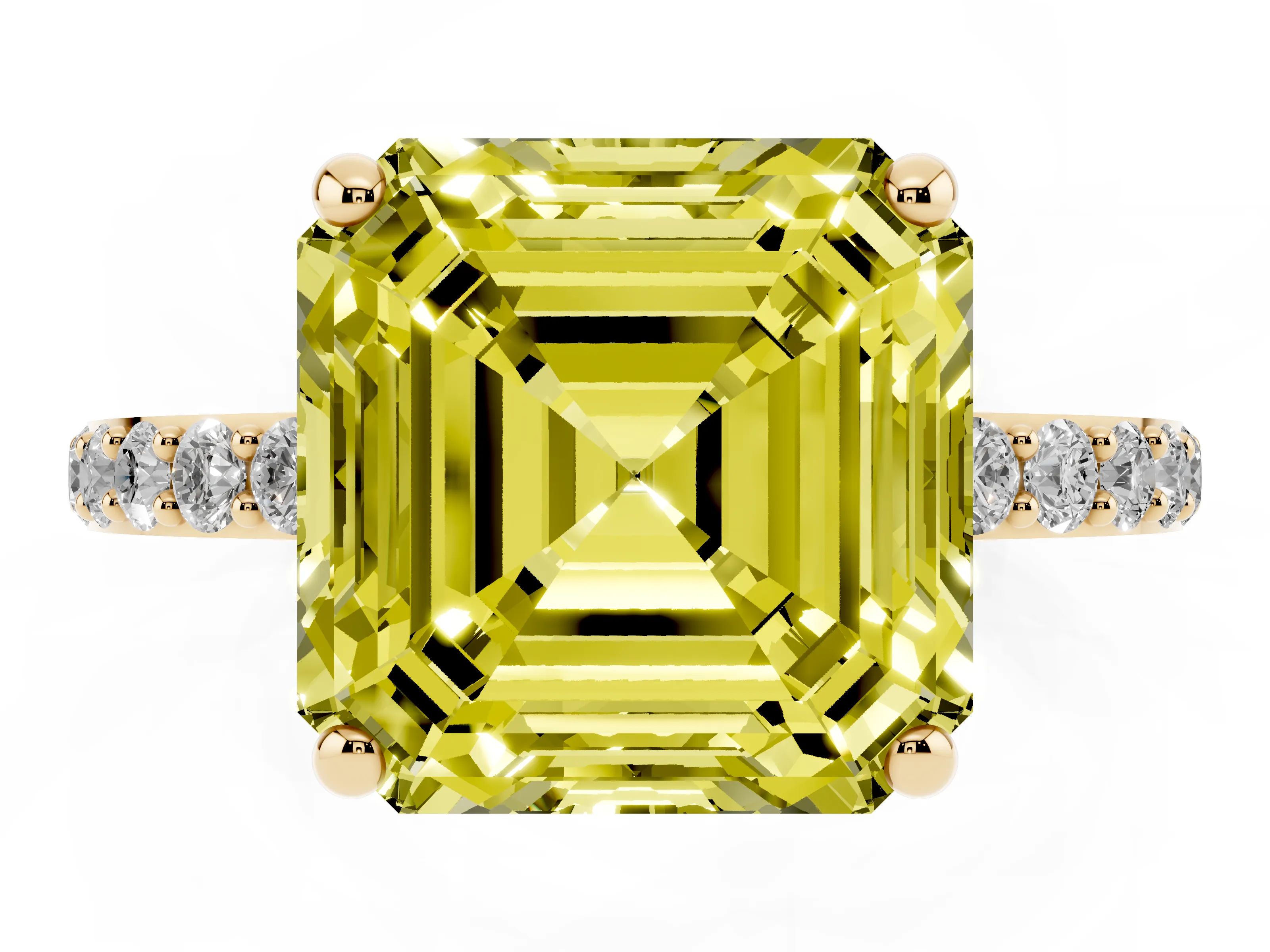 Fancy Yellow Asscher Cut Diamond Solitaire Ring Set in Yellow gold with Round Pavé Band and Prong Setting