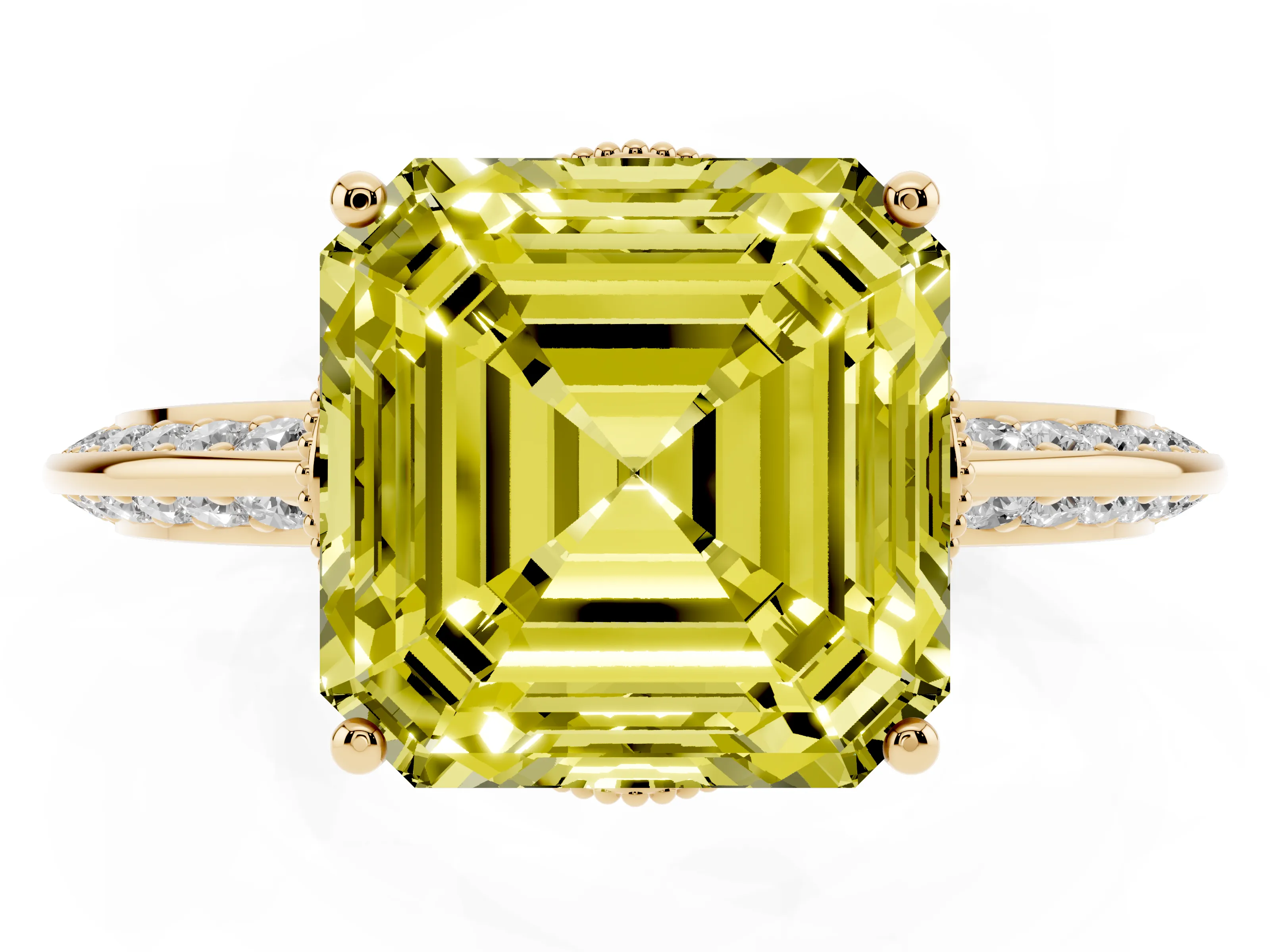 Fancy Yellow Asscher Cut Diamond Solitaire Engagement Ring Set in Yellow gold with Pavé Split Shank and Prong Setting
