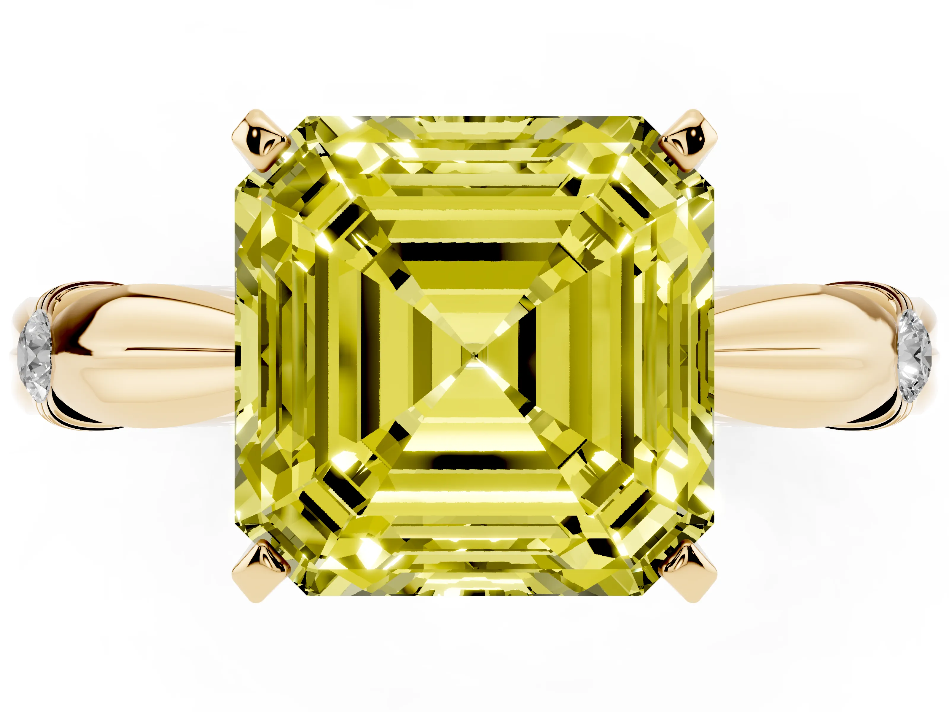 Fancy Yellow Asscher Cut Diamond Solitaire Twisted Band Ring Set in Yellow gold with Accent Stones and Prong Setting