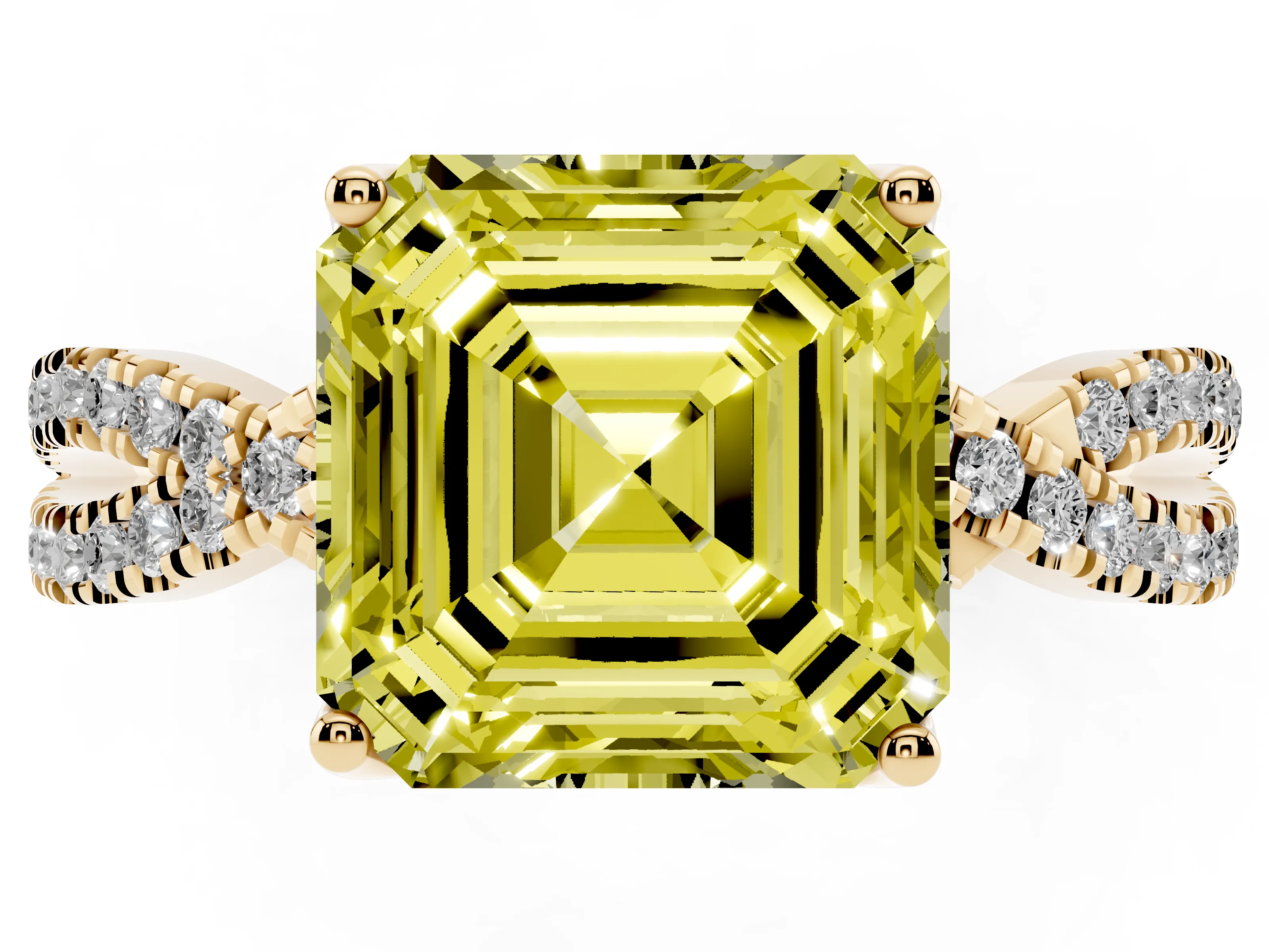 Fancy Yellow Asscher Cut Diamond Twist Pavé Solitaire Engagement Ring Set in Yellow gold with Prong Setting