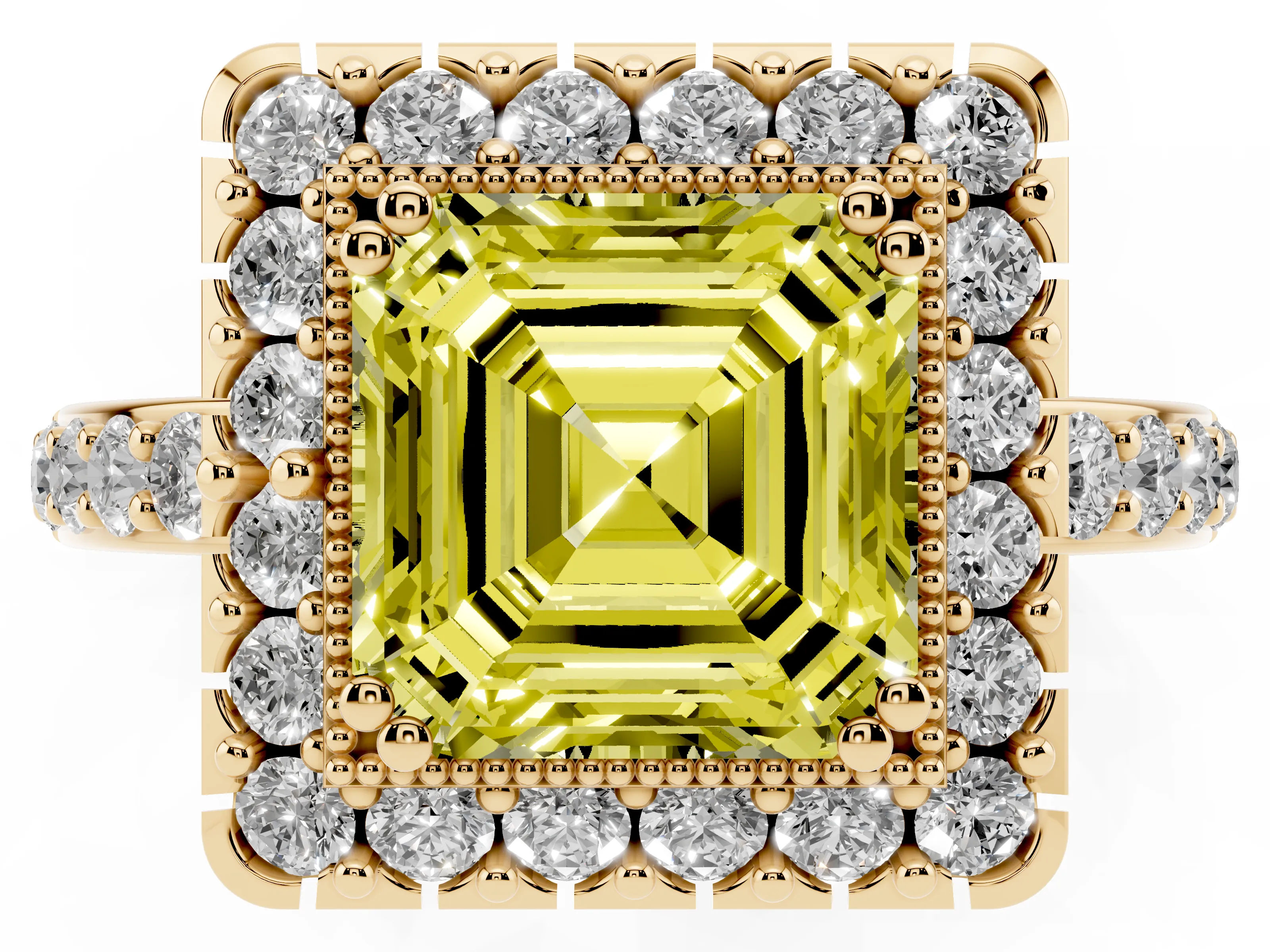 Fancy Yellow Asscher Cut Diamond Halo Ring Set in Yellow gold with Pavé Shank and Prong Setting
