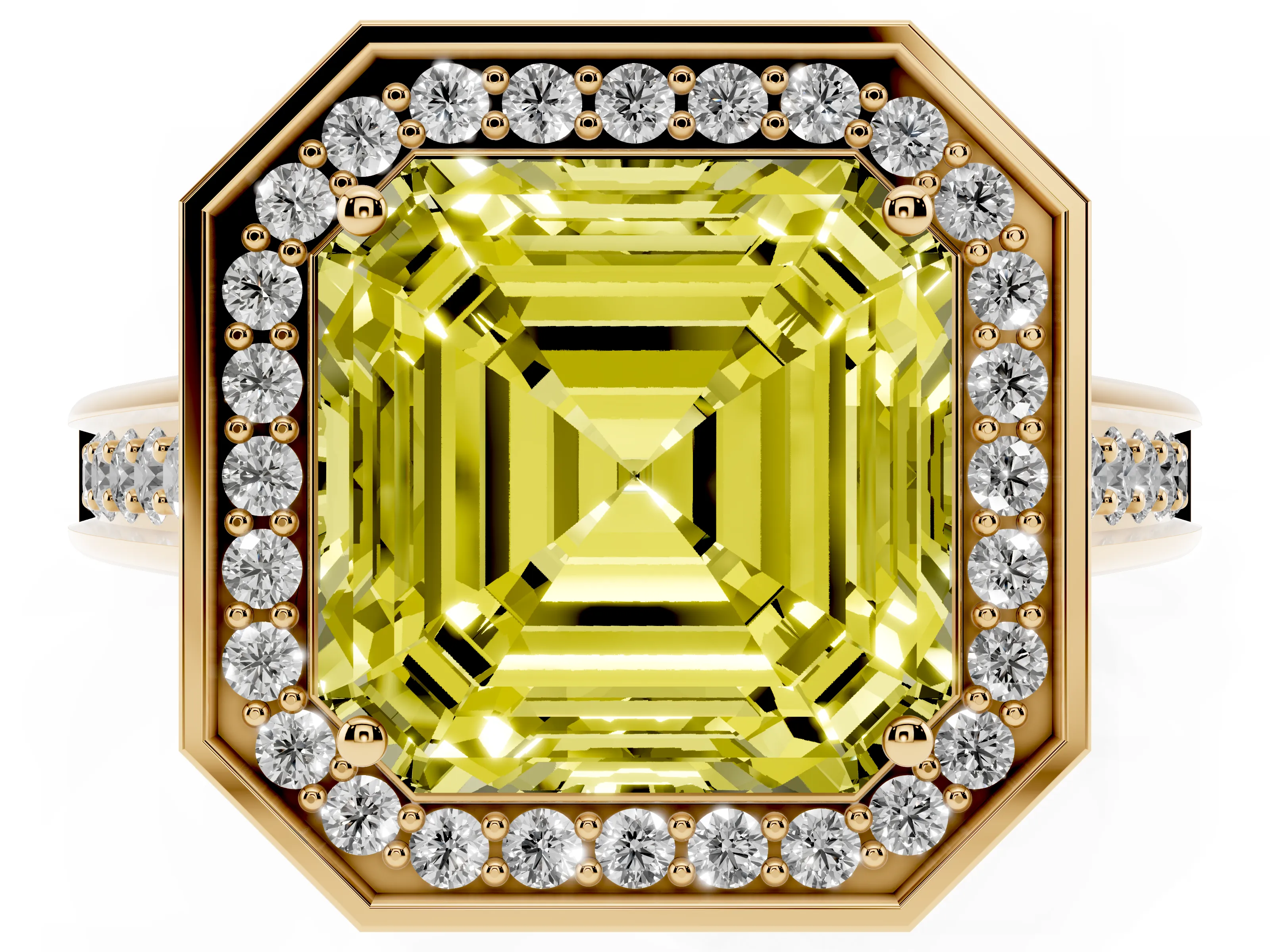 Fancy Yellow Asscher Cut Diamond Halo Solitaire Ring Set in Yellow gold with Pavé Band and Bezel Setting