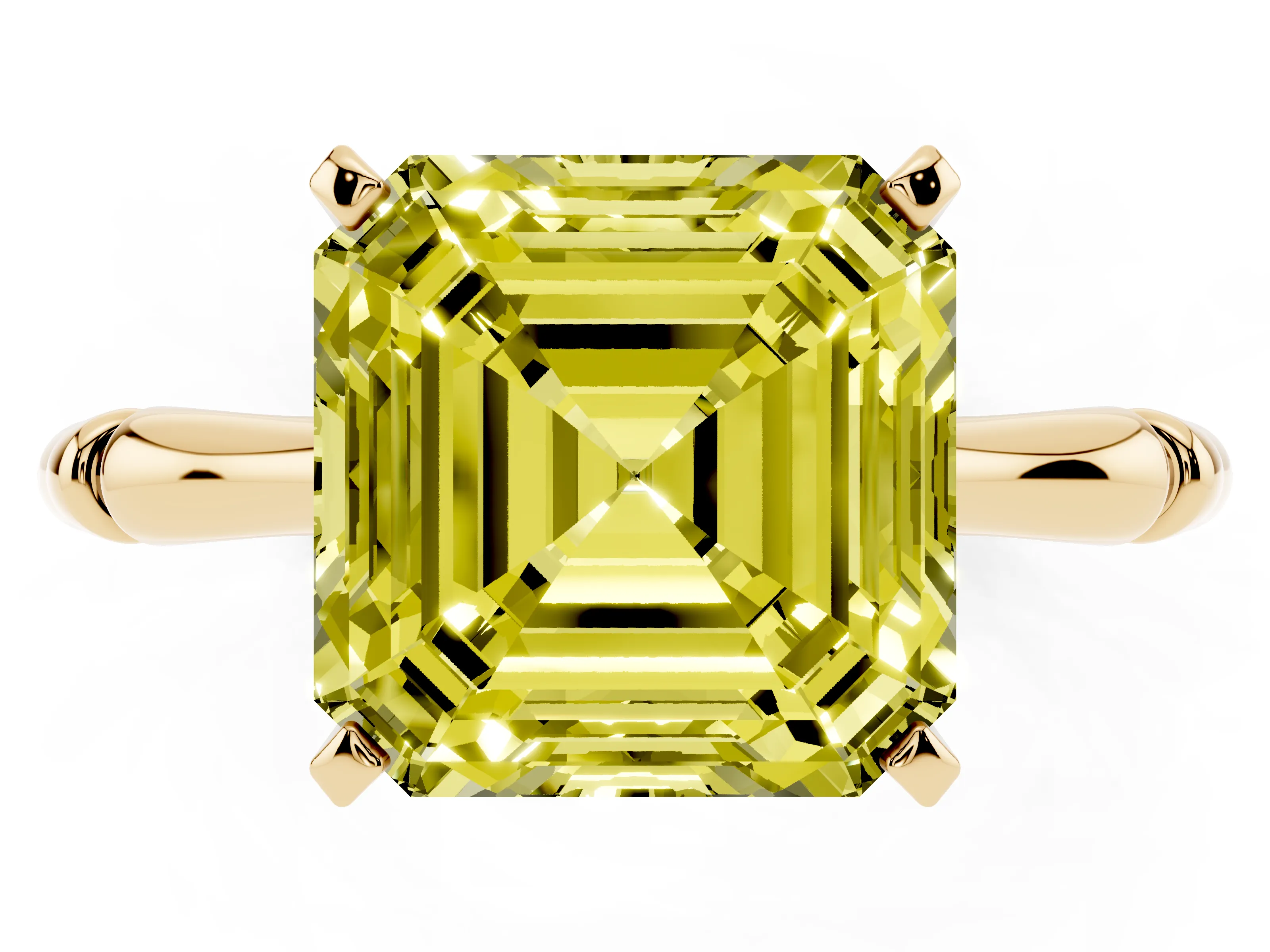 Fancy Yellow Asscher Cut Diamond Solitaire Ring Set in Yellow gold with Bamboo Band and Prong Setting