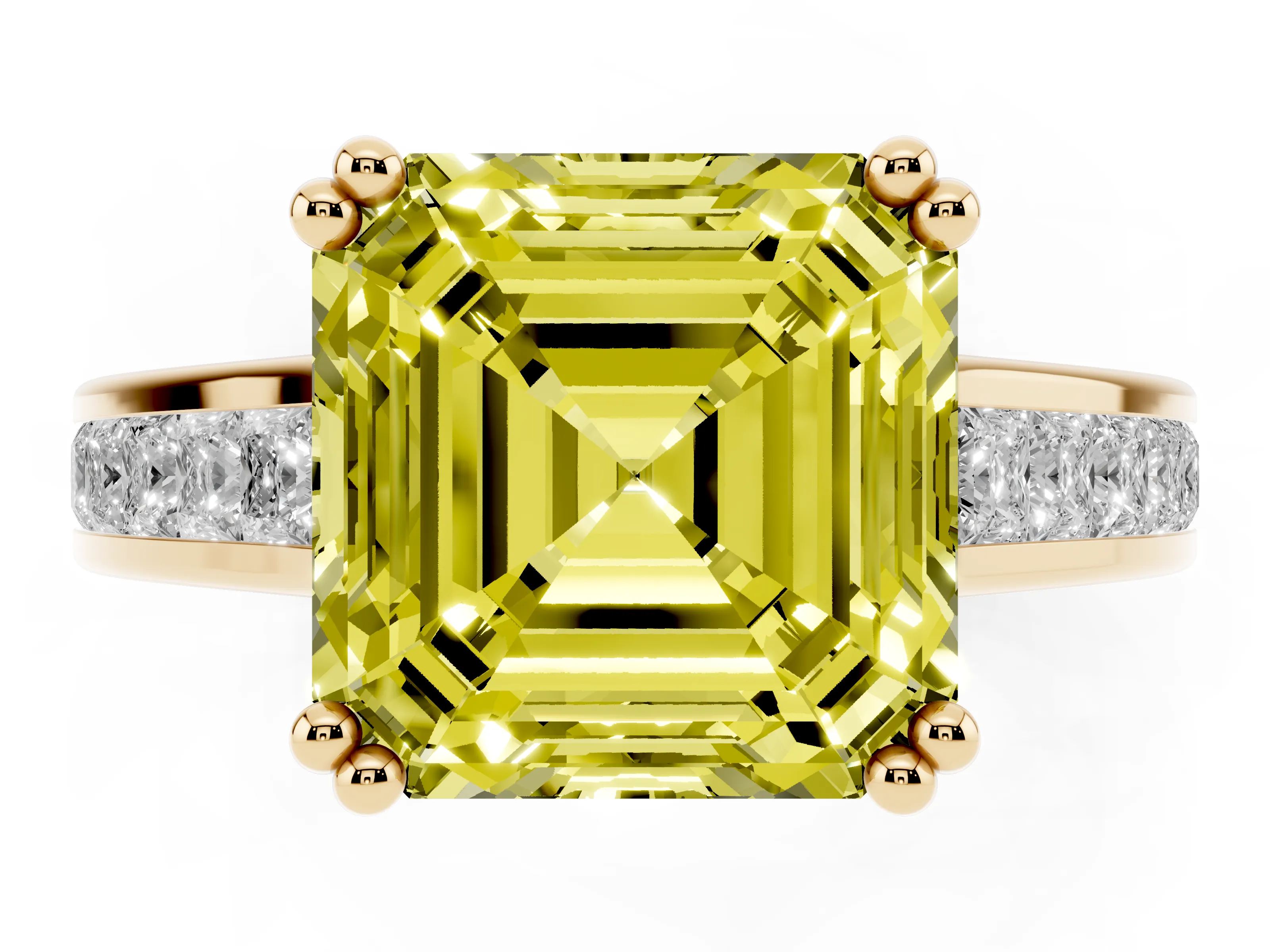 Fancy Yellow Asscher Cut Diamond Channel Set Solitaire Engagement Ring Set in Yellow gold with Prong Setting